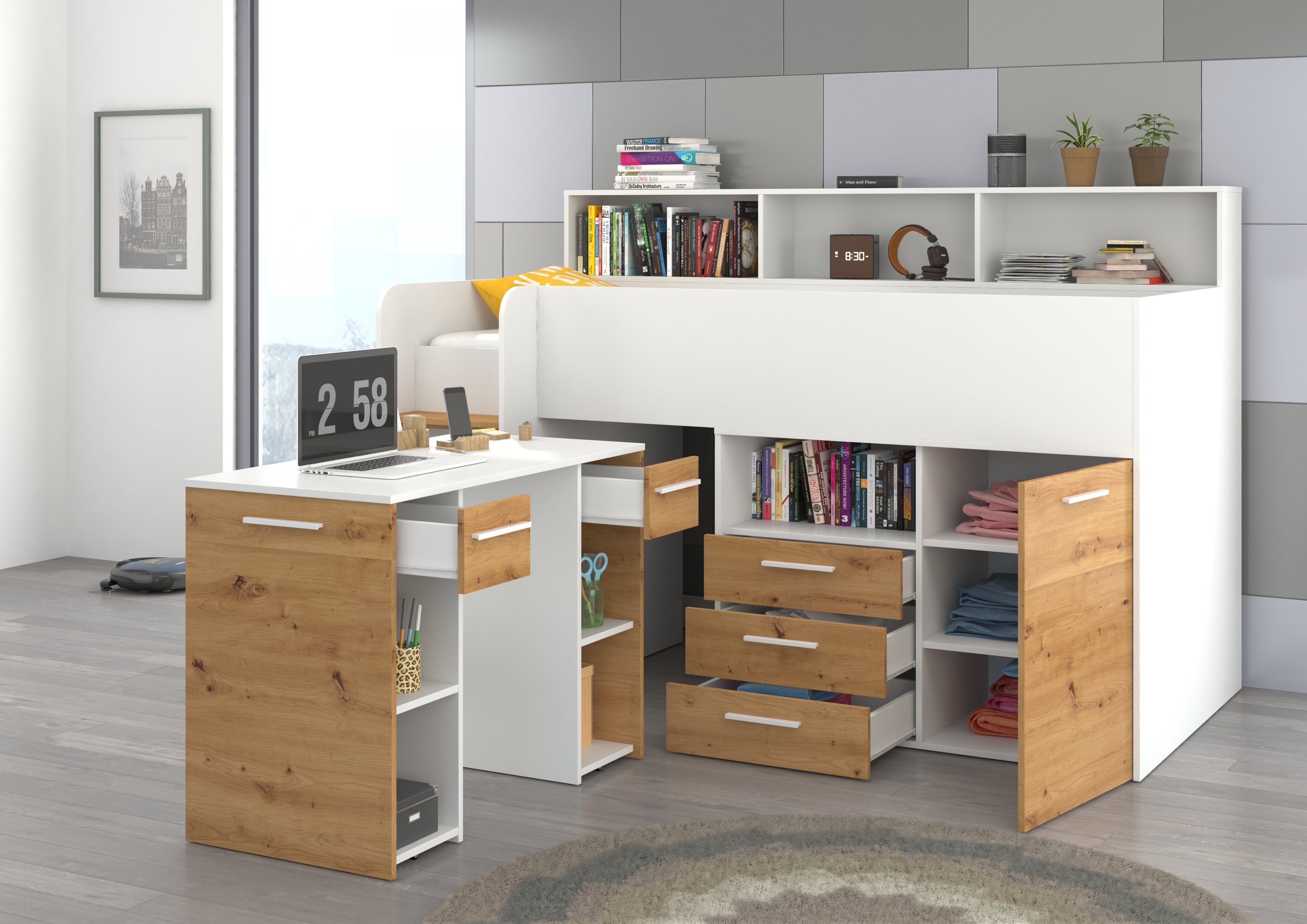 Etagenbett NE-L mit Treppe links, Ausziehbarer Schreibtisch und Doppel Schrank