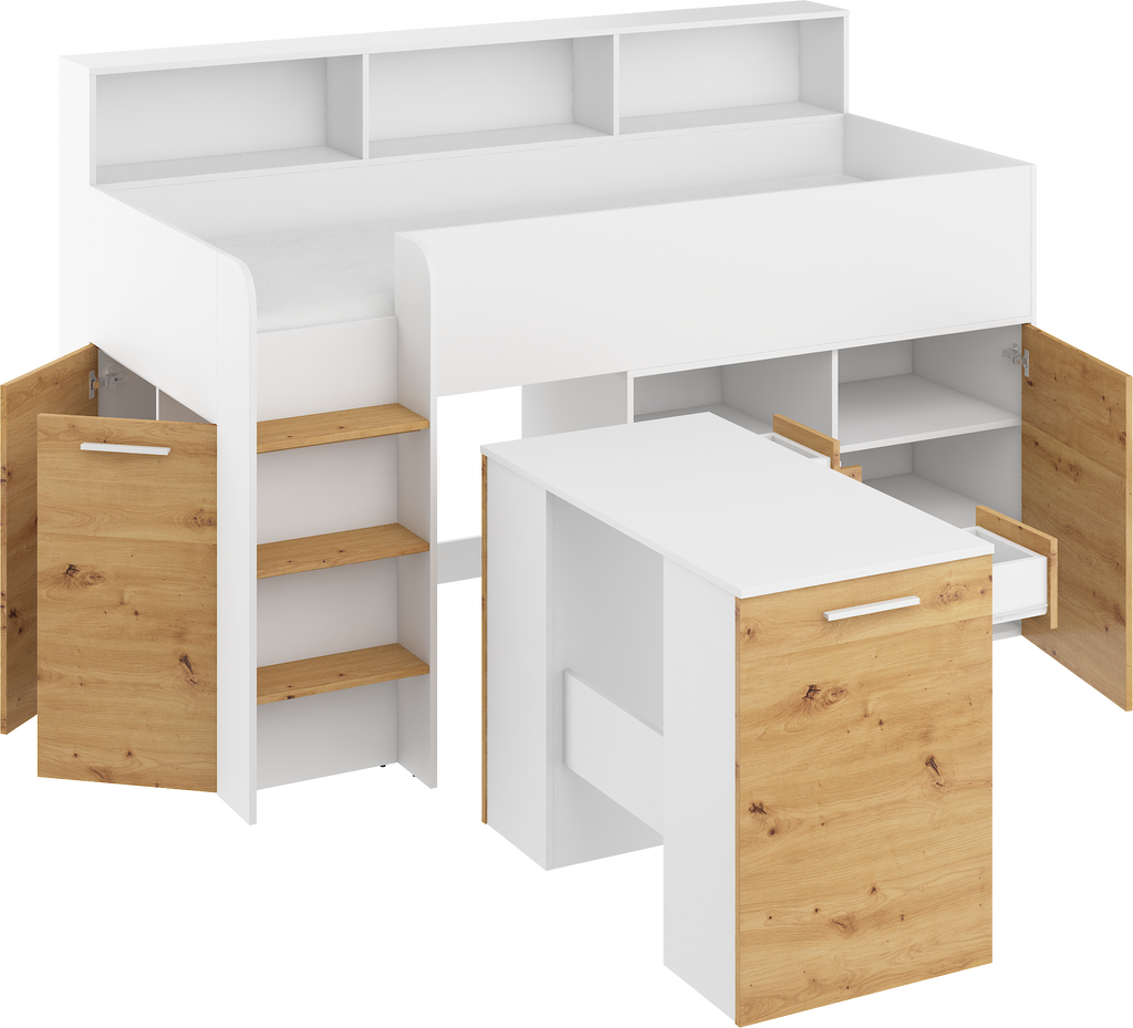 Etagenbett NE-L mit Treppe links, Ausziehbarer Schreibtisch und Doppel Schrank