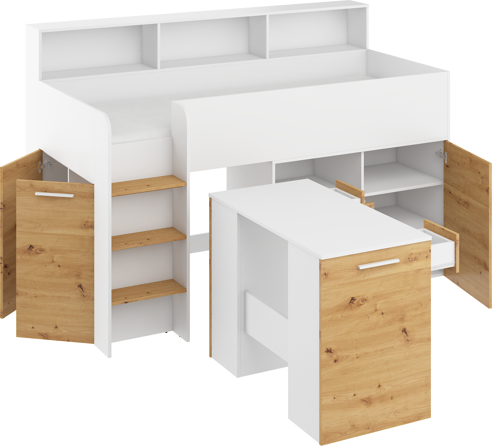 Etagenbett NE-L mit Treppe links, Ausziehbarer Schreibtisch und Doppel Schrank