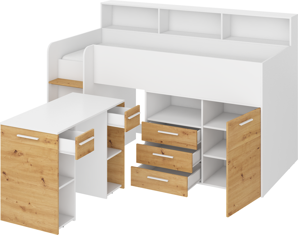 Etagenbett NE-L mit Treppe links, Ausziehbarer Schreibtisch und Doppel Schrank