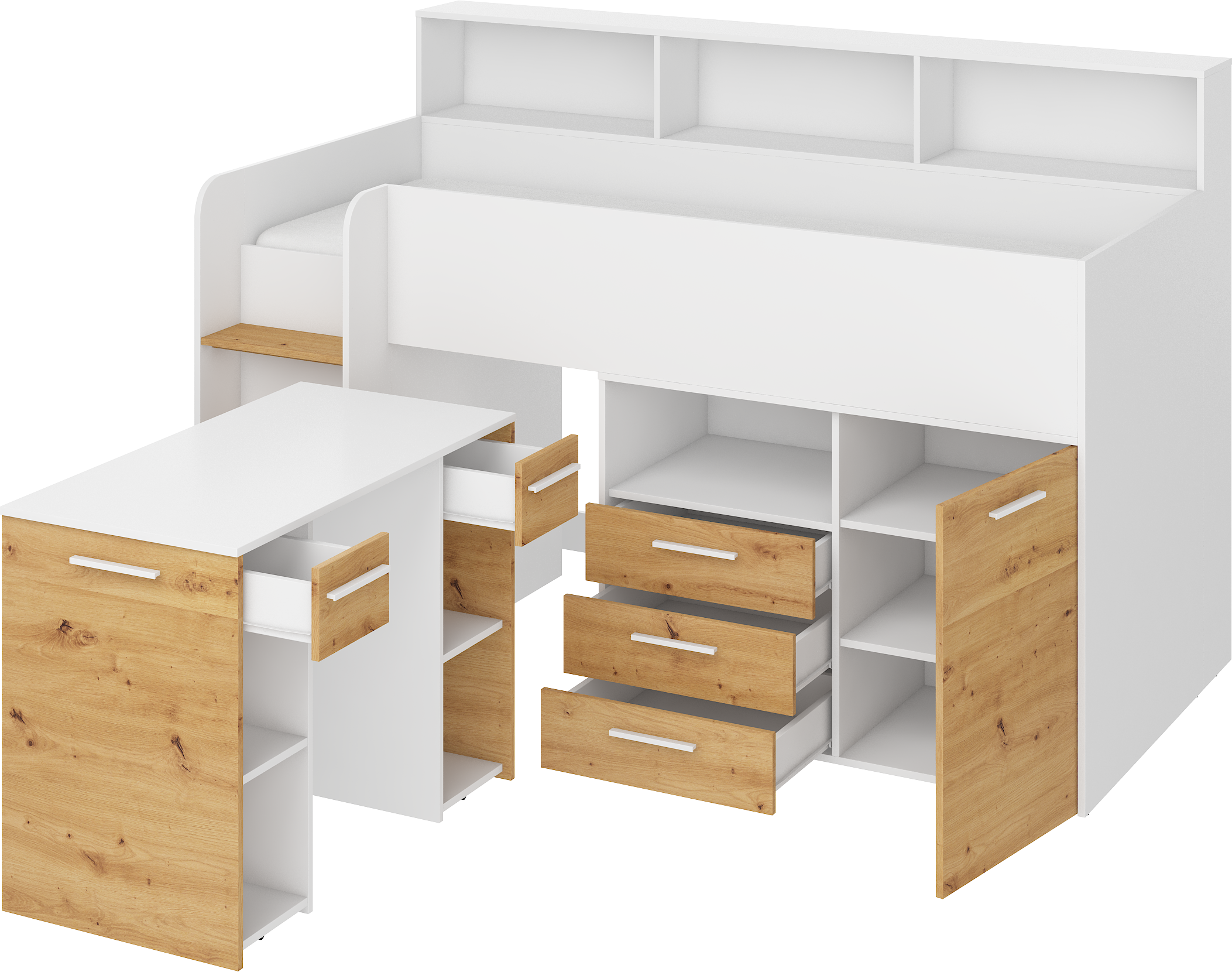Etagenbett NE-L mit Treppe links, Ausziehbarer Schreibtisch und Doppel Schrank