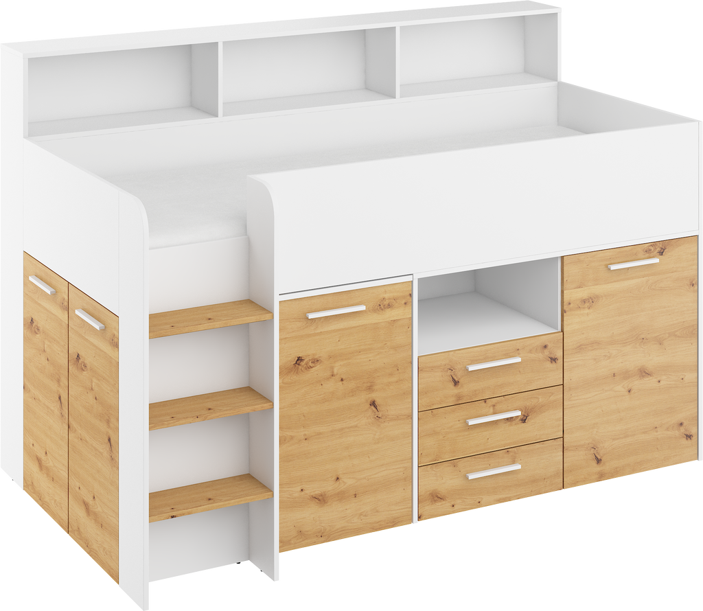 Etagenbett NE-L mit Treppe links, Ausziehbarer Schreibtisch und Doppel Schrank