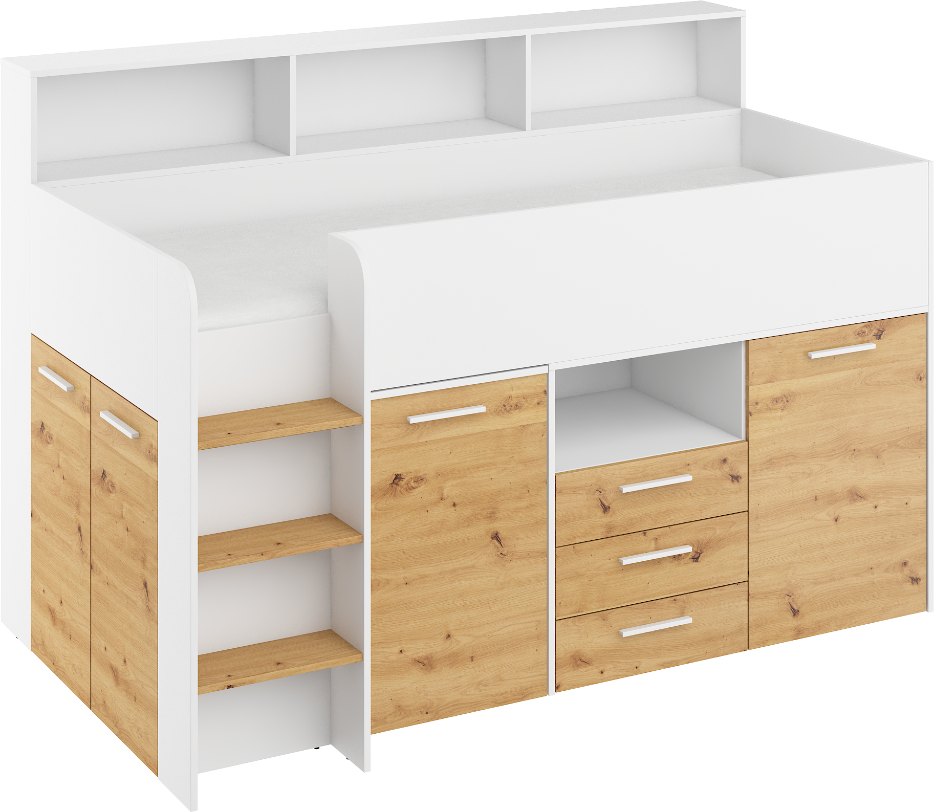 Etagenbett NE-L mit Treppe links, Ausziehbarer Schreibtisch und Doppel Schrank