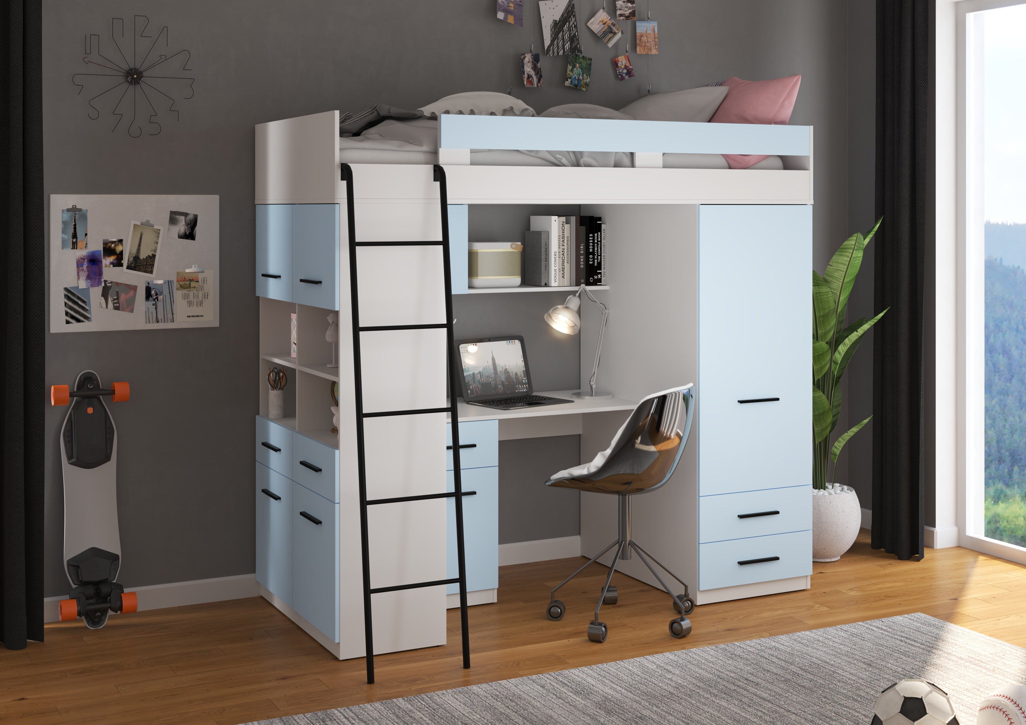 Etagenbett LEV-L mit Leiter links, Kleiderschrank, Schreibtisch und viele Regale