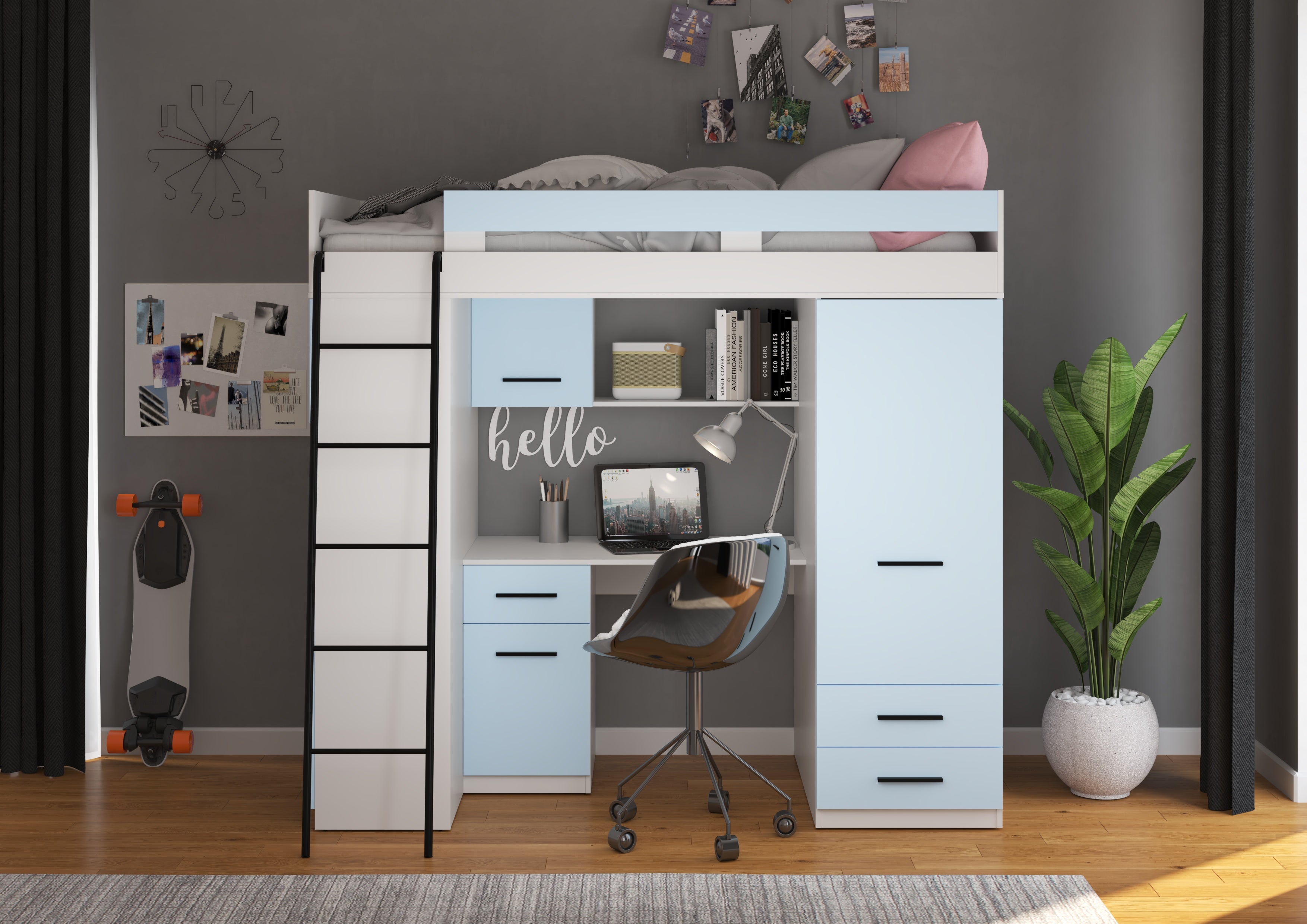 Etagenbett LEV-L mit Leiter links, Kleiderschrank, Schreibtisch und viele Regale