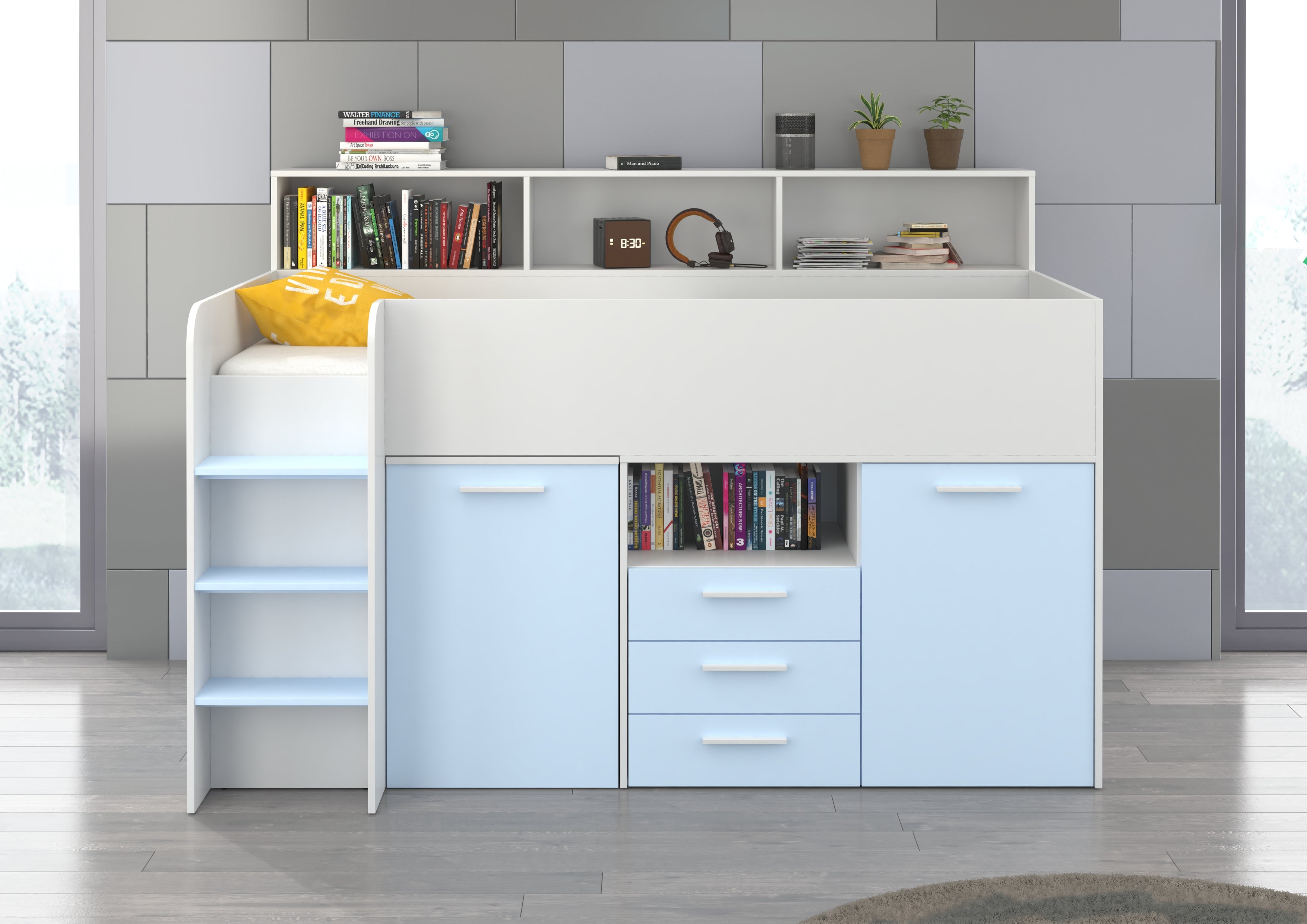 Etagenbett NE-L mit Treppe links, Ausziehbarer Schreibtisch und Doppel Schrank