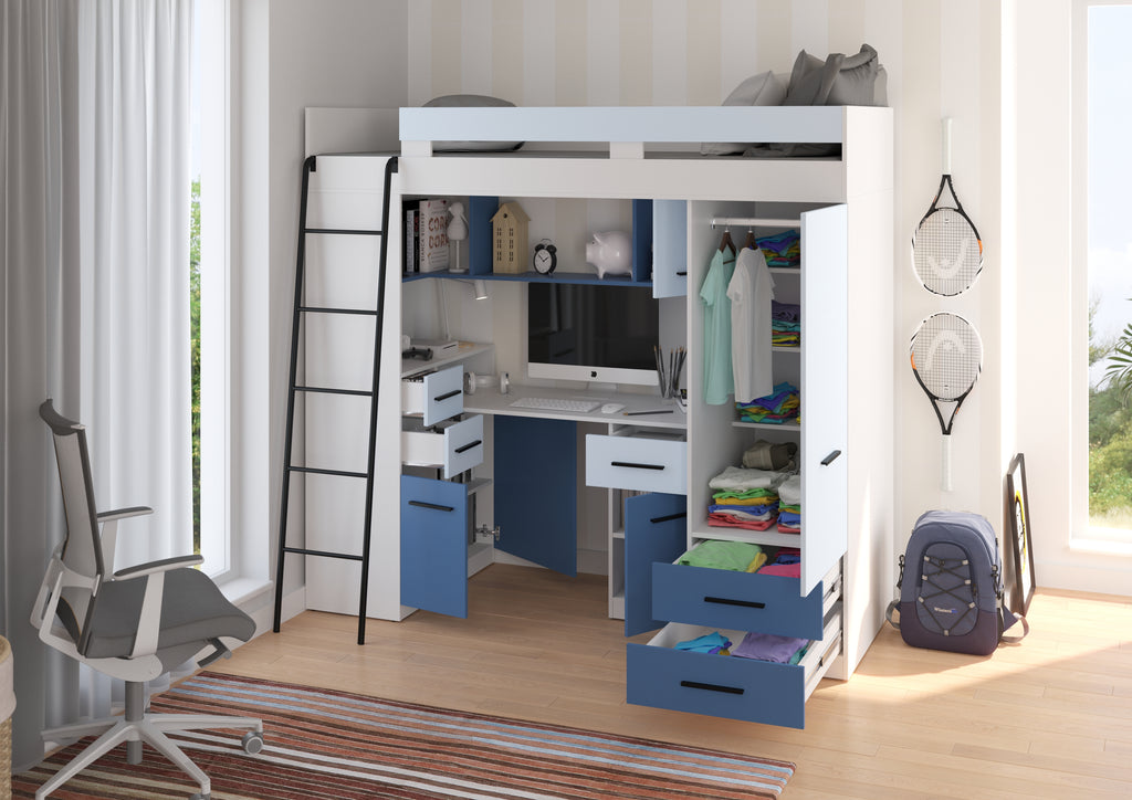 Etagenbett SMY-L mit Leiter links, Kleiderschrank, Schreibtisch und viele Regale