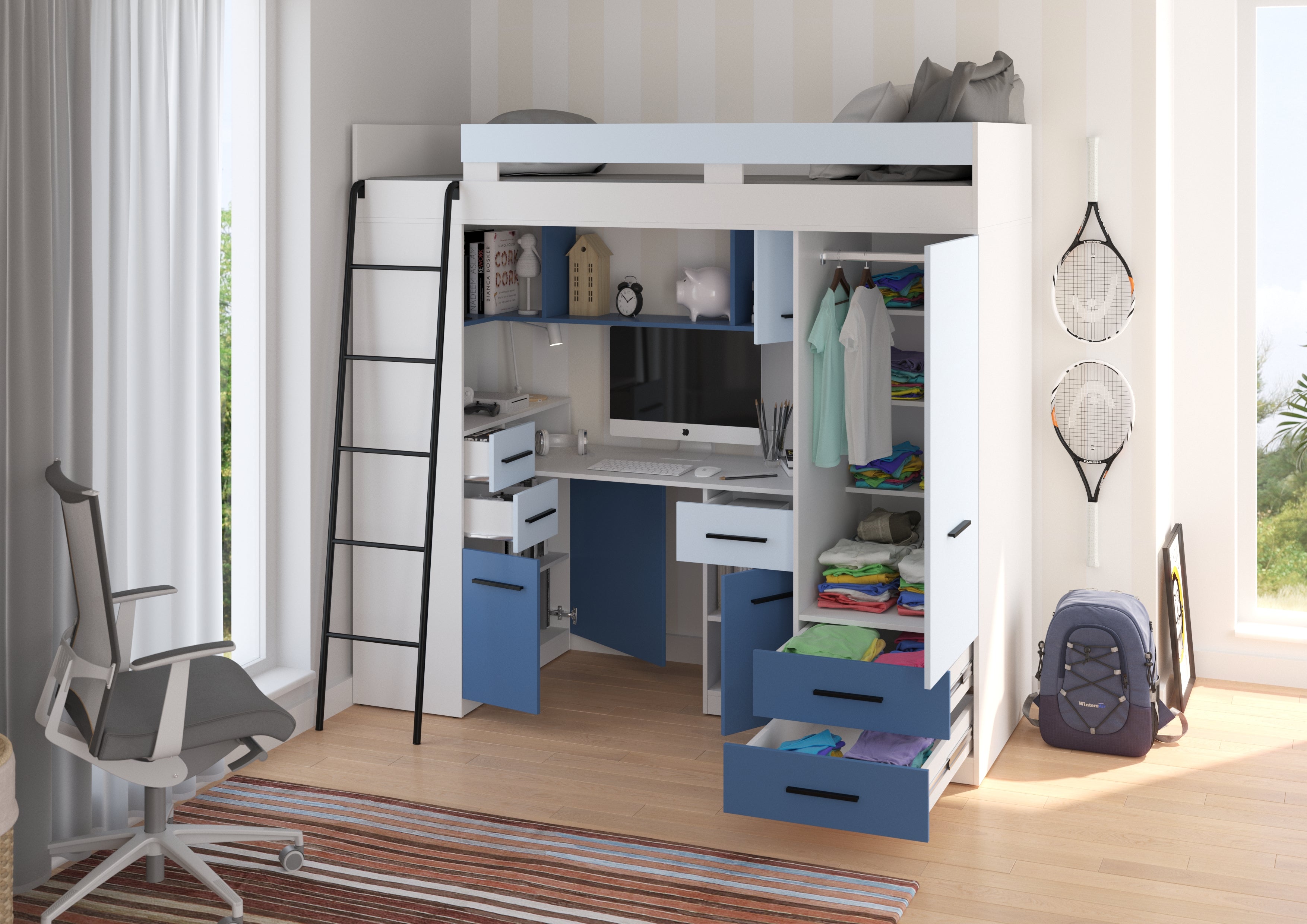 Etagenbett SMY-L mit Leiter links, Kleiderschrank, Schreibtisch und viele Regale