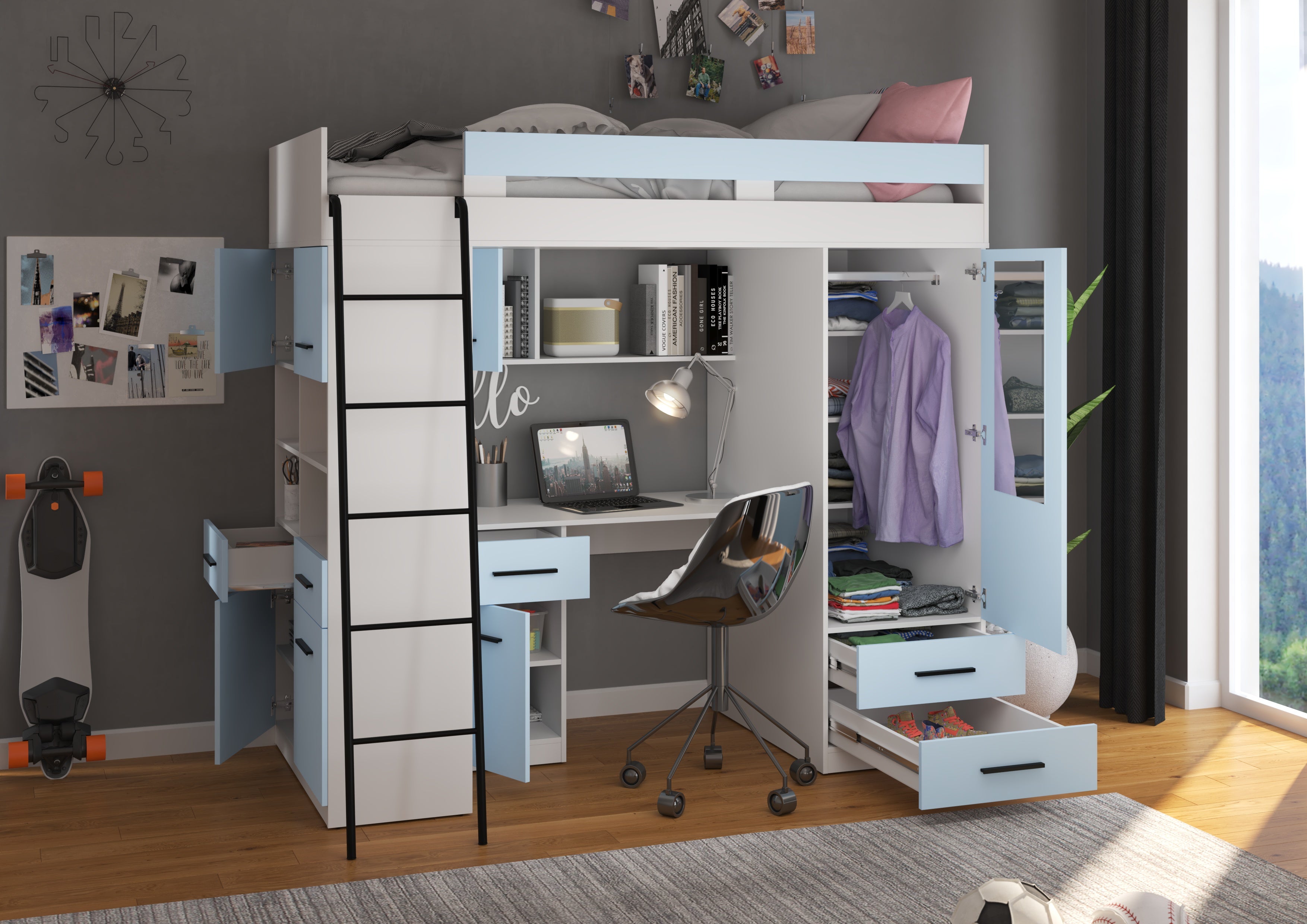 Etagenbett LEV-L mit Leiter links, Kleiderschrank, Schreibtisch und viele Regale
