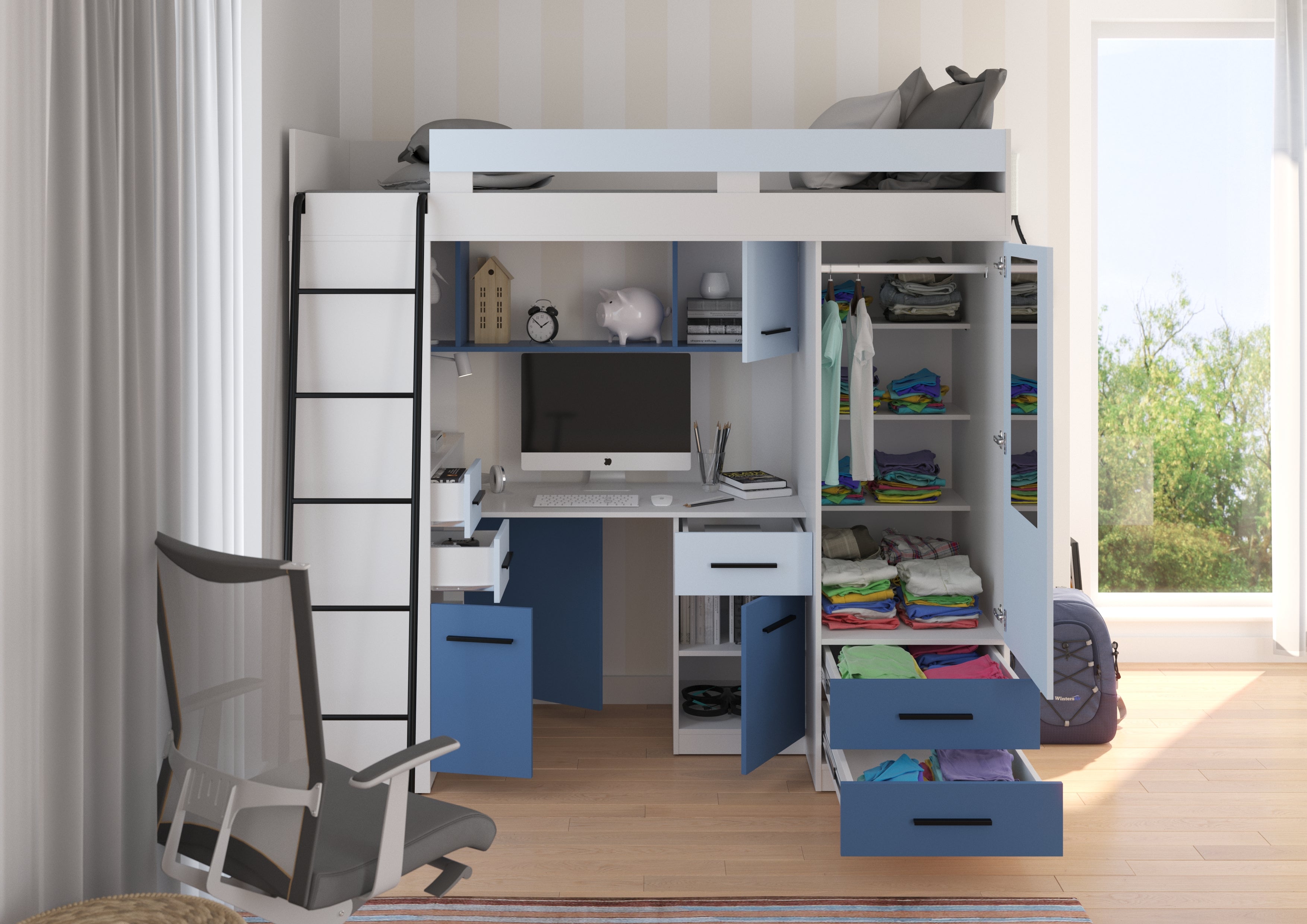 Etagenbett SMY-L mit Leiter links, Kleiderschrank, Schreibtisch und viele Regale