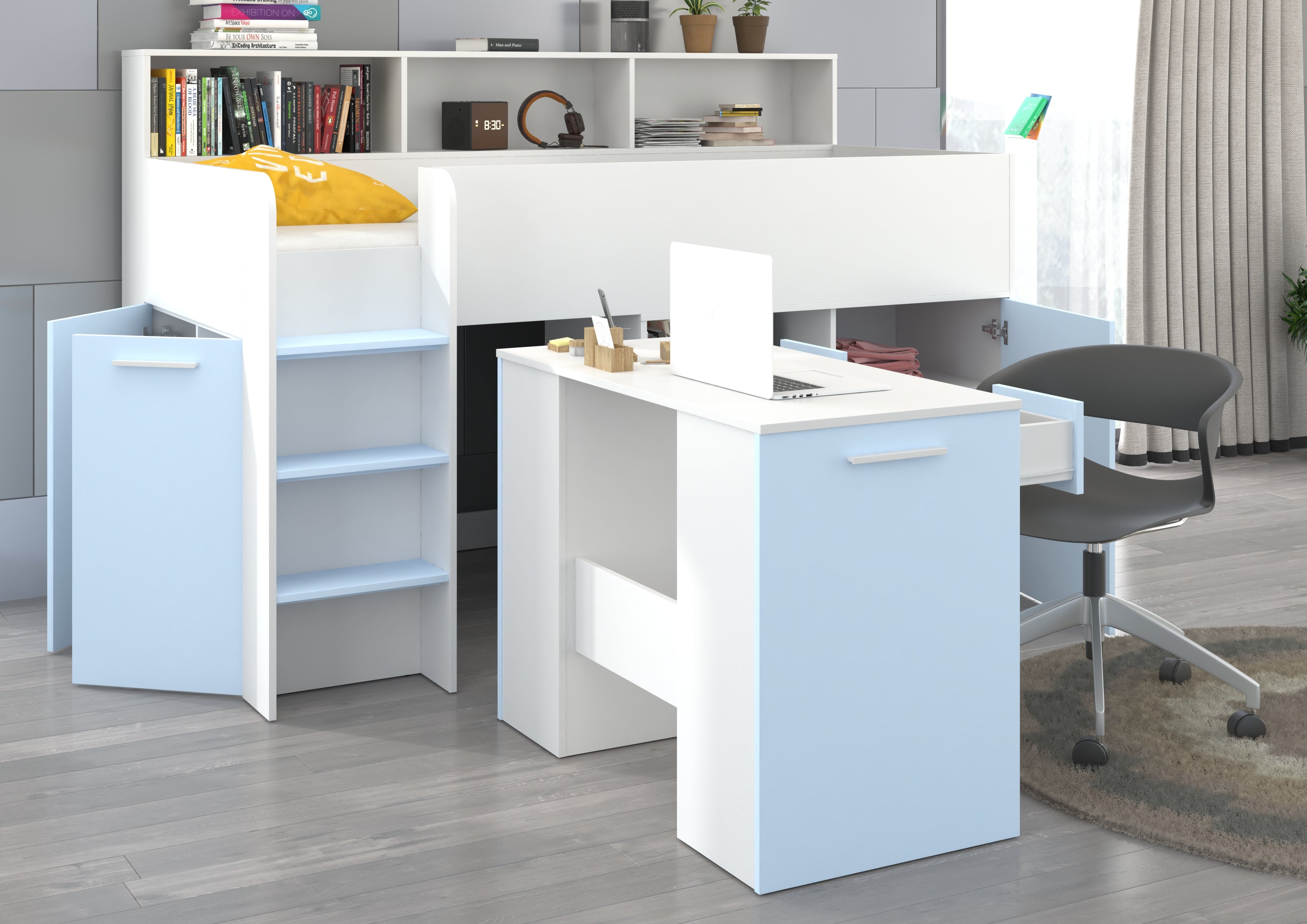 Etagenbett NE-L mit Treppe links, Ausziehbarer Schreibtisch und Doppel Schrank