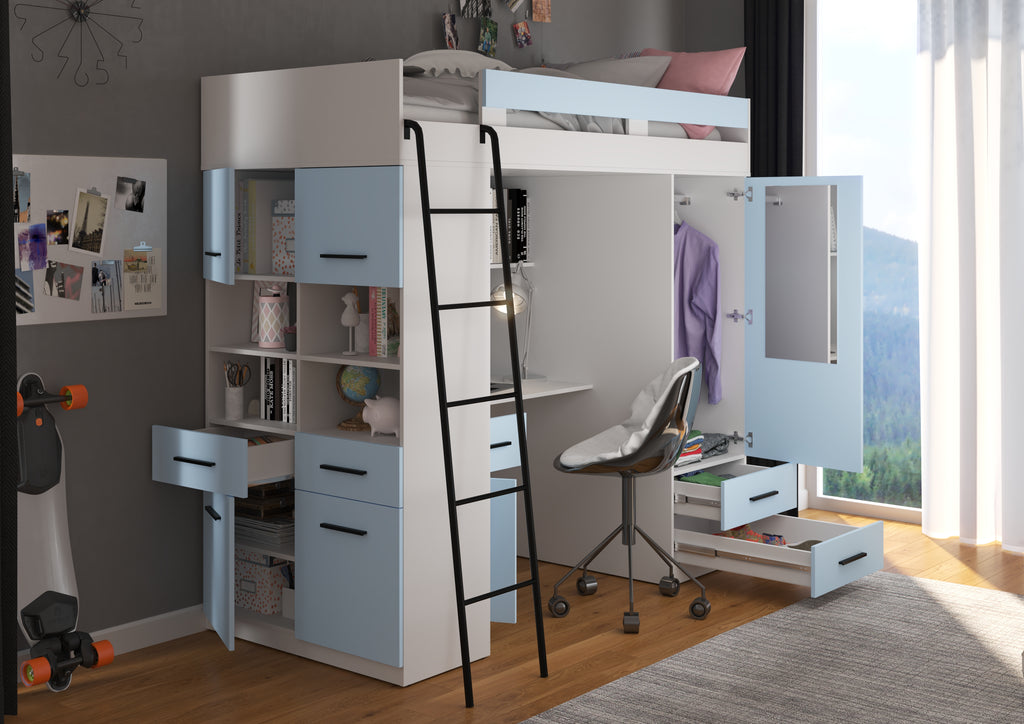 Etagenbett LEV-L mit Leiter links, Kleiderschrank, Schreibtisch und viele Regale