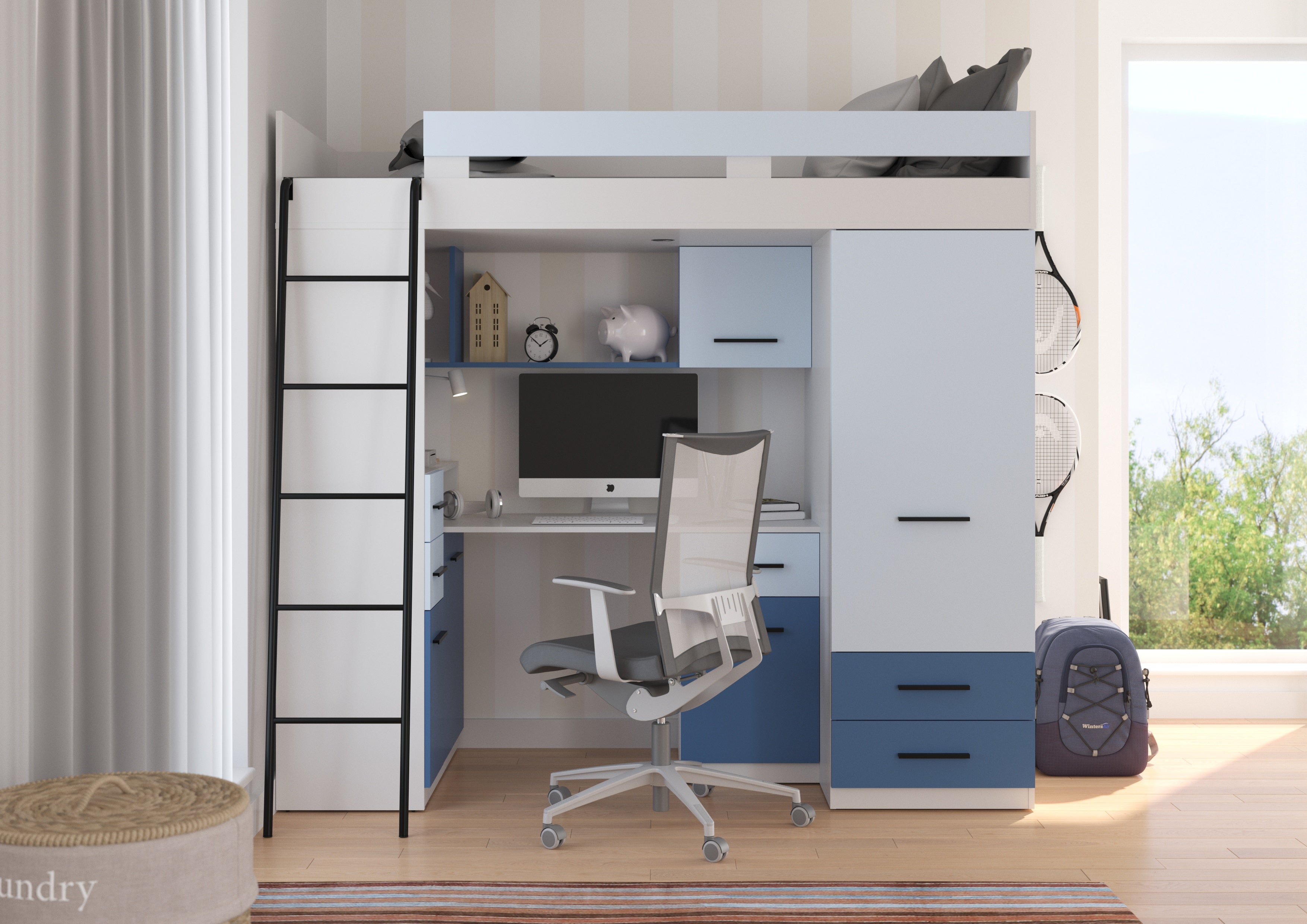 Etagenbett SMY-L mit Leiter links, Kleiderschrank, Schreibtisch und viele Regale