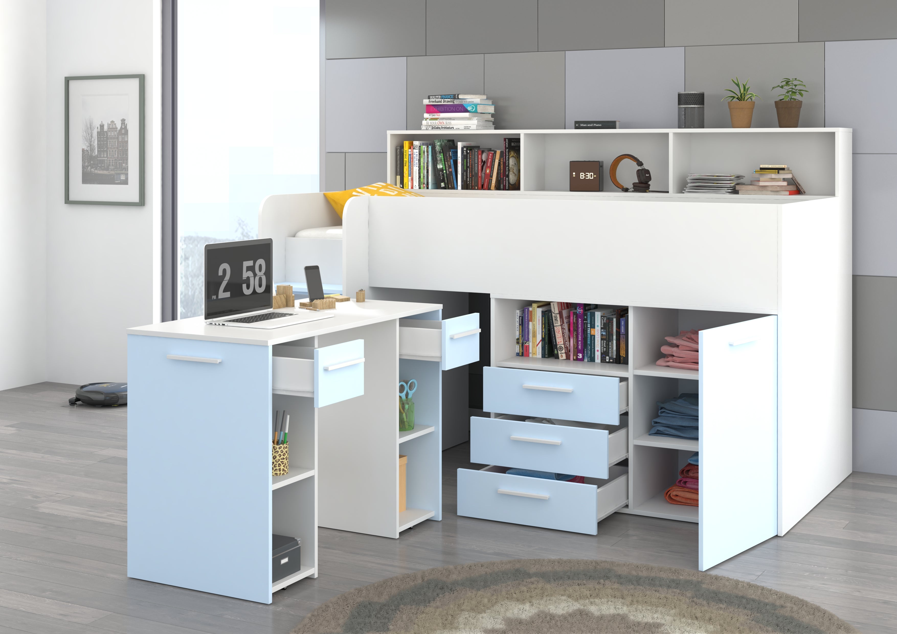 Etagenbett NE-L mit Treppe links, Ausziehbarer Schreibtisch und Doppel Schrank