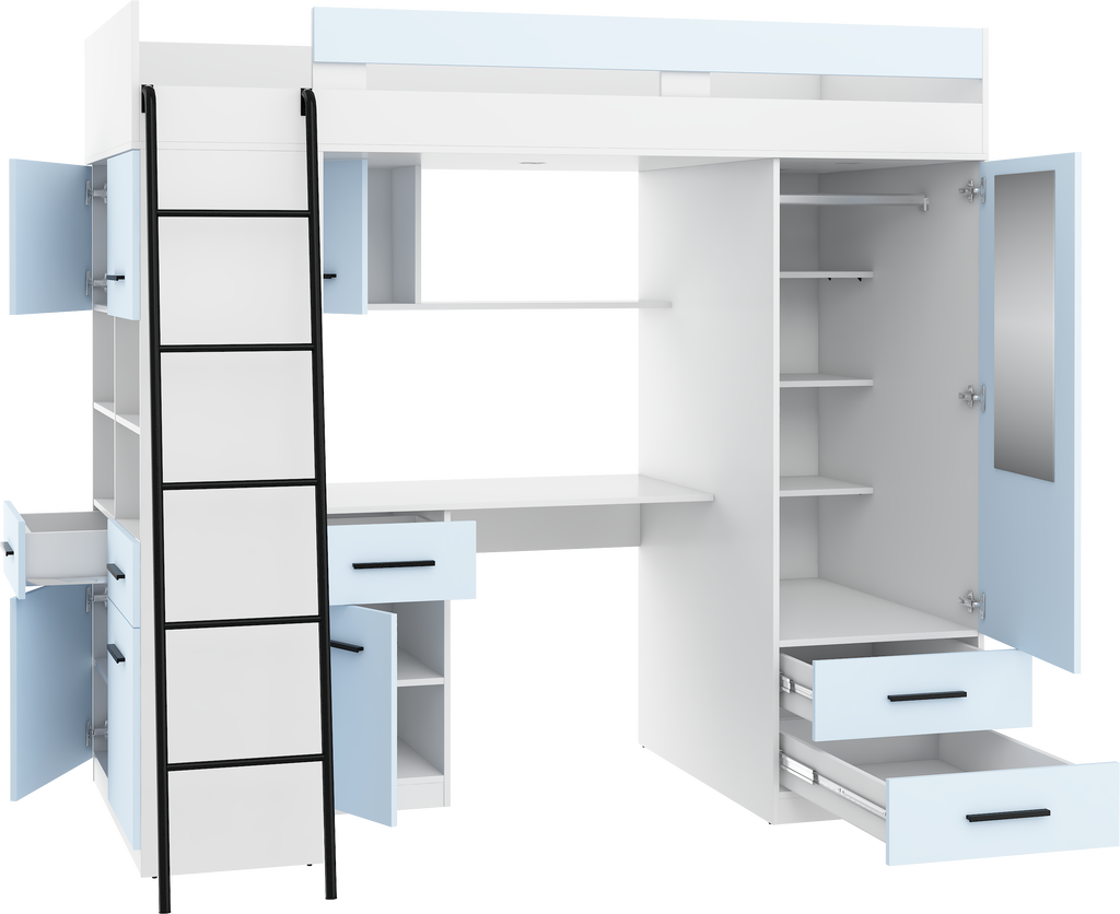Etagenbett LEV-L mit Leiter links, Kleiderschrank, Schreibtisch und viele Regale
