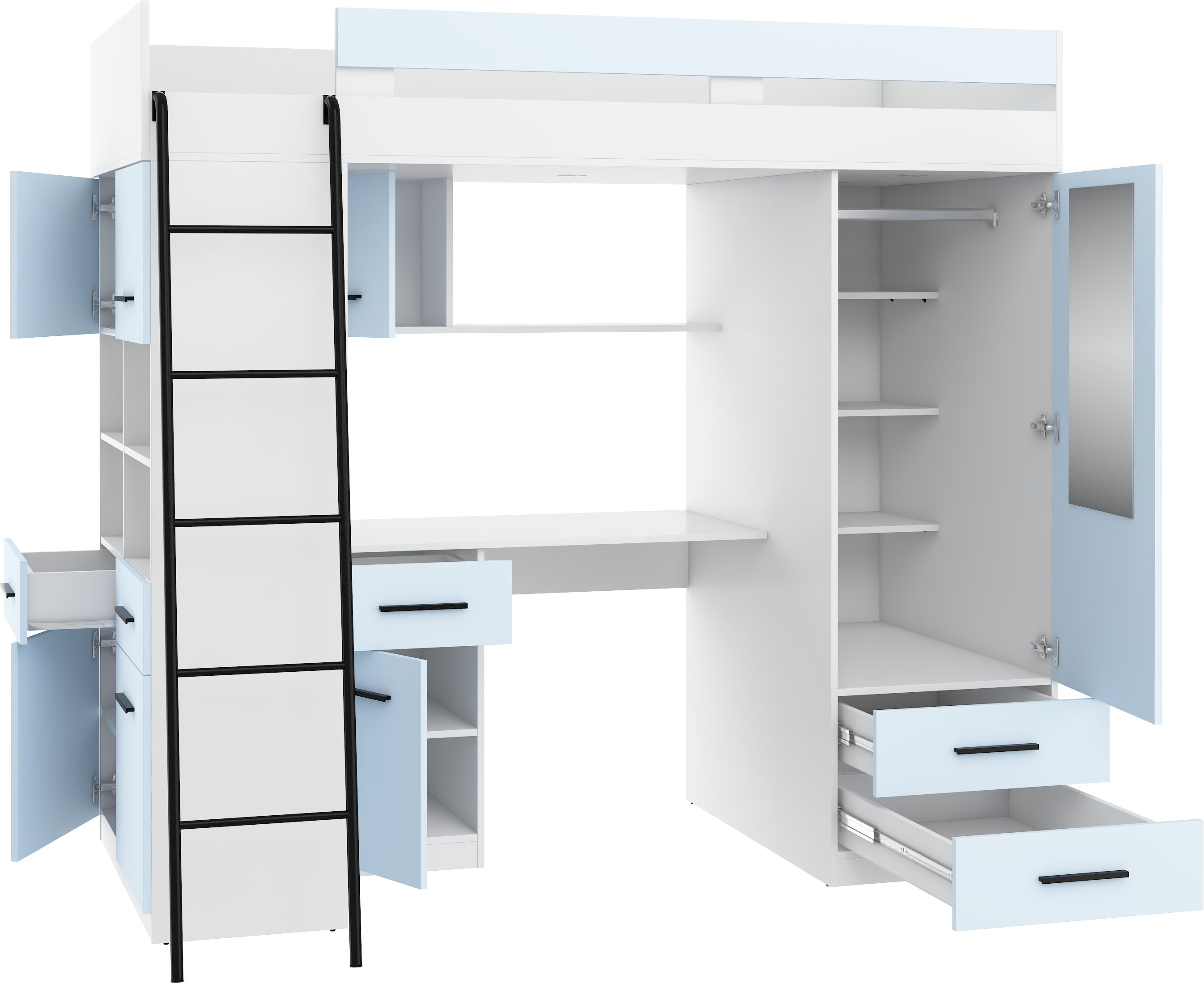 Etagenbett LEV-L mit Leiter links, Kleiderschrank, Schreibtisch und viele Regale