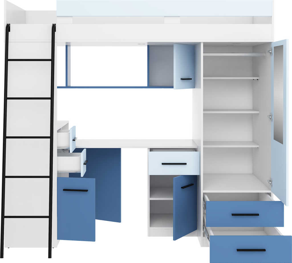 Etagenbett SMY-L mit Leiter links, Kleiderschrank, Schreibtisch und viele Regale