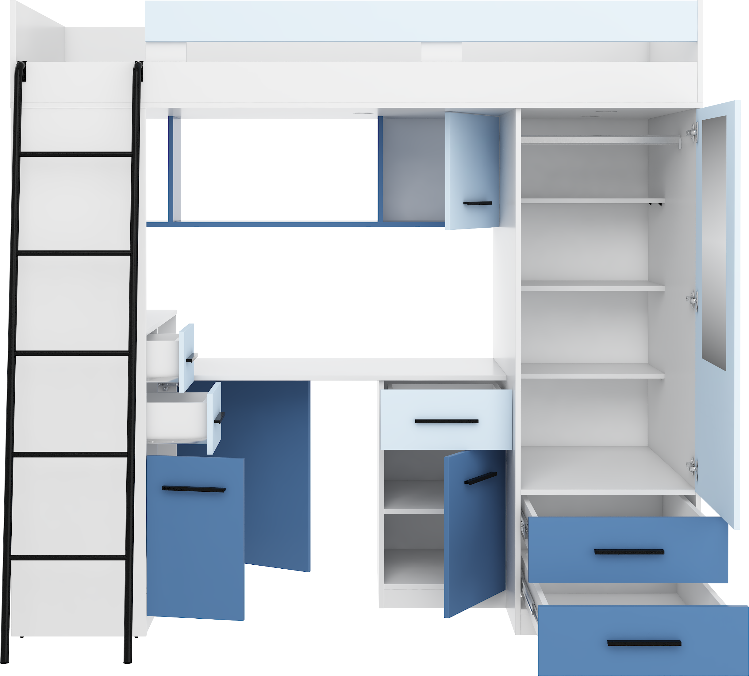 Etagenbett SMY-L mit Leiter links, Kleiderschrank, Schreibtisch und viele Regale