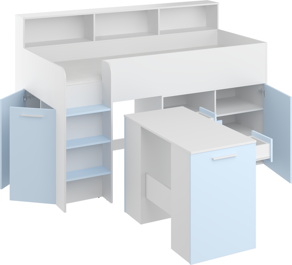Etagenbett NE-L mit Treppe links, Ausziehbarer Schreibtisch und Doppel Schrank