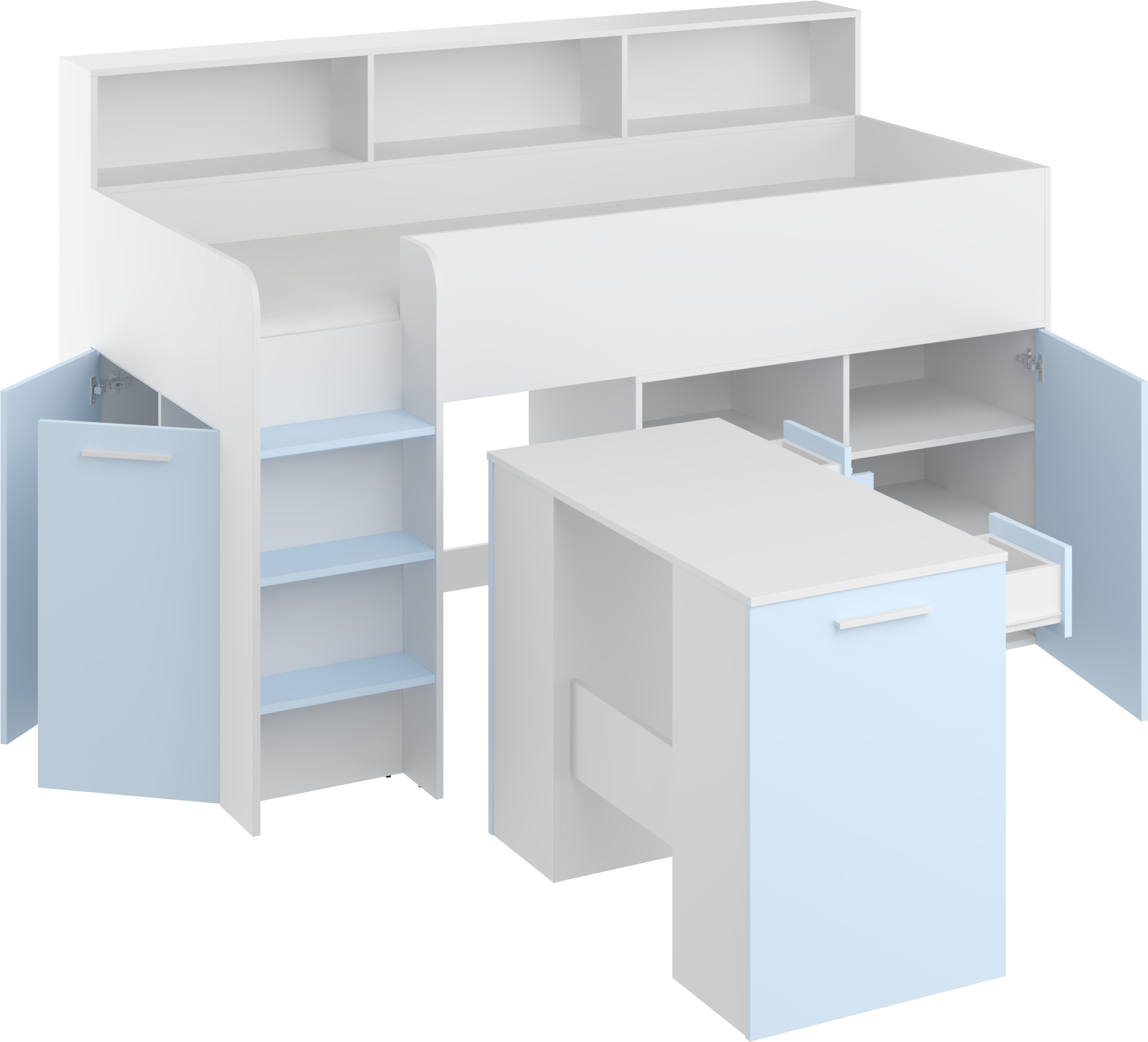 Etagenbett NE-L mit Treppe links, Ausziehbarer Schreibtisch und Doppel Schrank