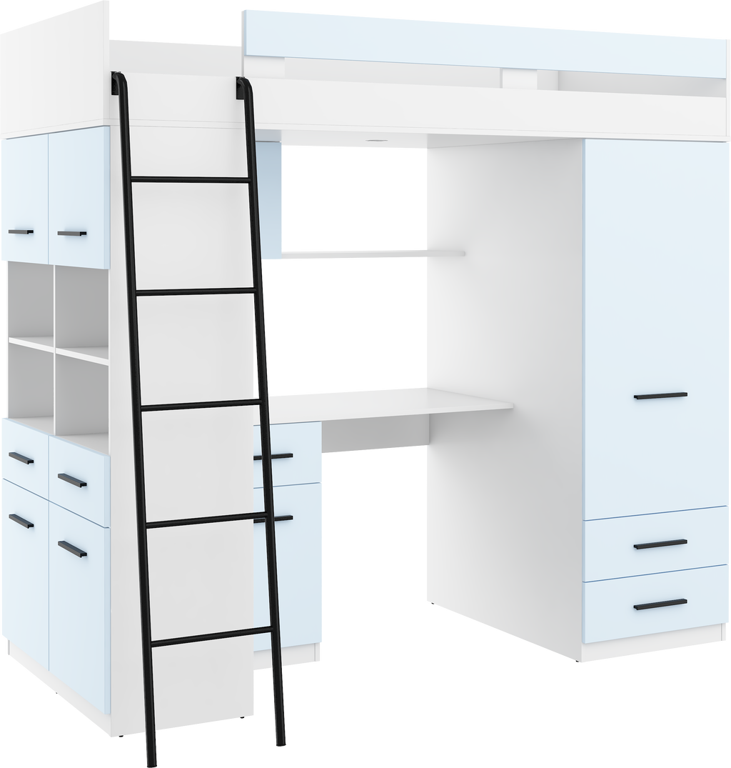 Etagenbett LEV-L mit Leiter links, Kleiderschrank, Schreibtisch und viele Regale