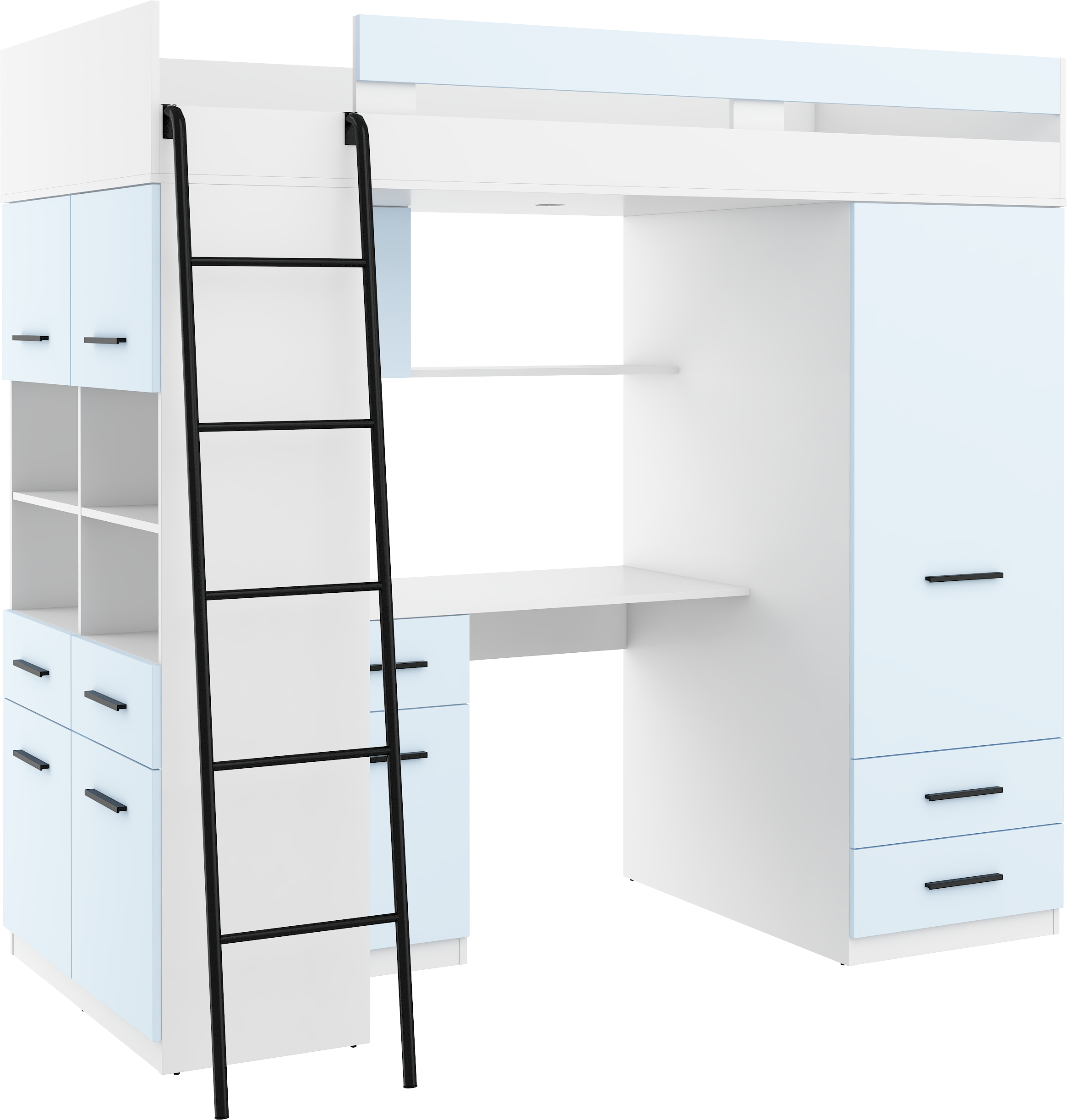 Etagenbett LEV-L mit Leiter links, Kleiderschrank, Schreibtisch und viele Regale