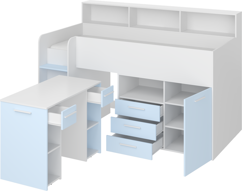 Etagenbett NE-L mit Treppe links, Ausziehbarer Schreibtisch und Doppel Schrank