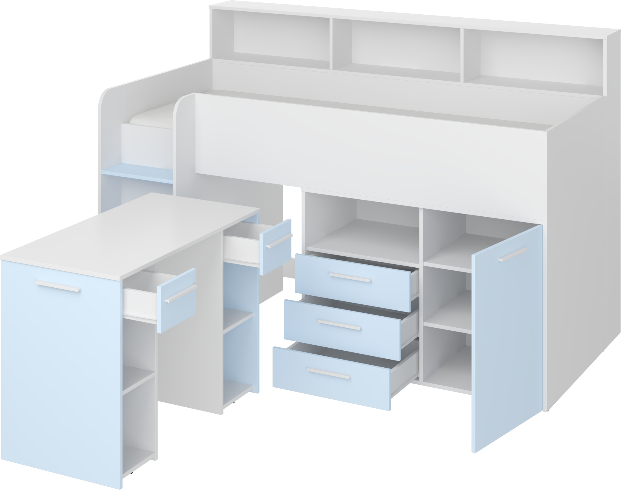 Etagenbett NE-L mit Treppe links, Ausziehbarer Schreibtisch und Doppel Schrank
