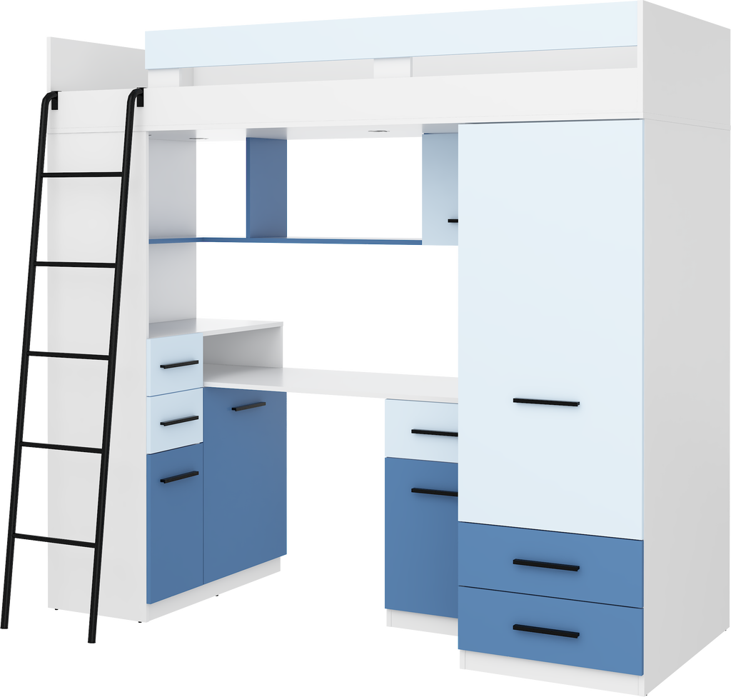 Etagenbett SMY-L mit Leiter links, Kleiderschrank, Schreibtisch und viele Regale