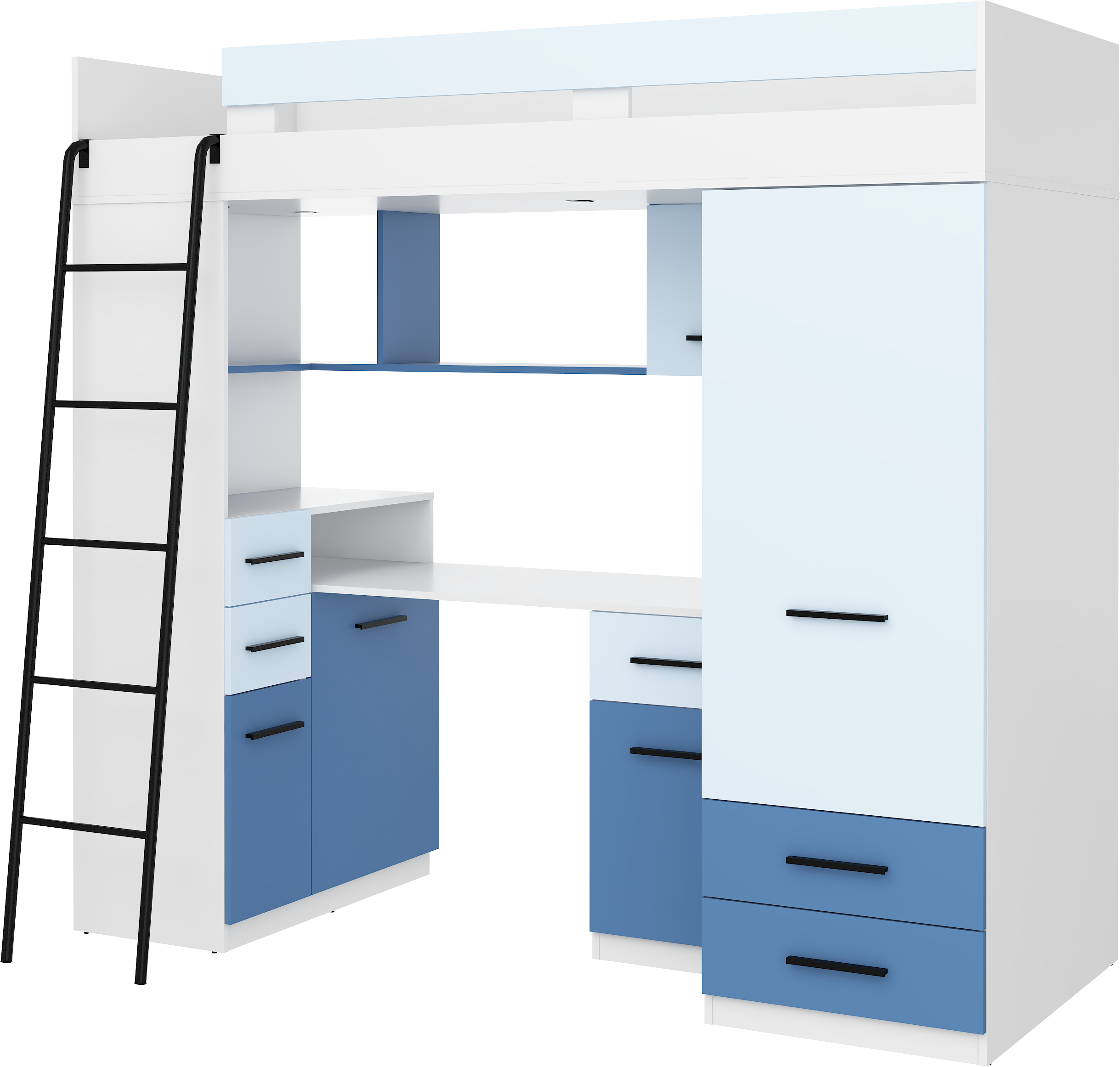 Etagenbett SMY-L mit Leiter links, Kleiderschrank, Schreibtisch und viele Regale