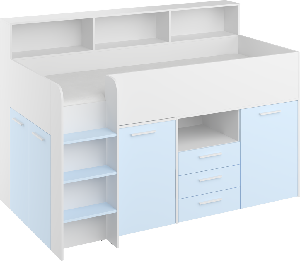 Etagenbett NE-L mit Treppe links, Ausziehbarer Schreibtisch und Doppel Schrank