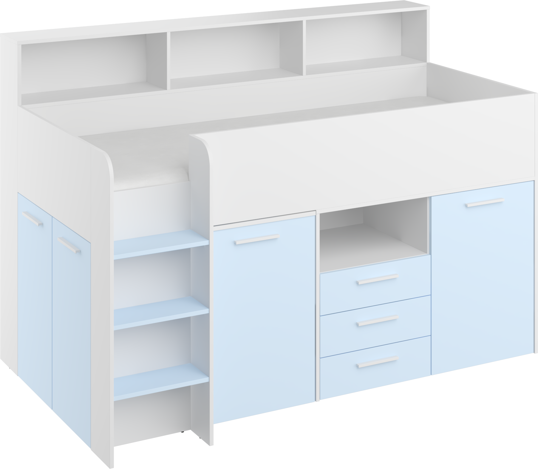 Etagenbett NE-L mit Treppe links, Ausziehbarer Schreibtisch und Doppel Schrank