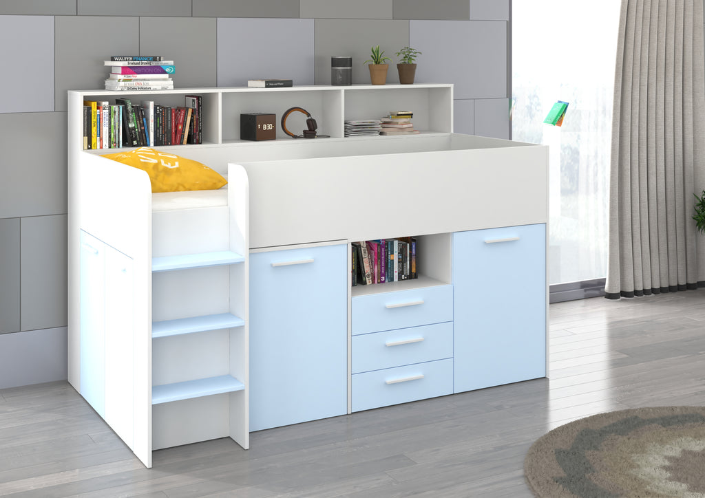 Etagenbett NE-L mit Treppe links, Ausziehbarer Schreibtisch und Doppel Schrank