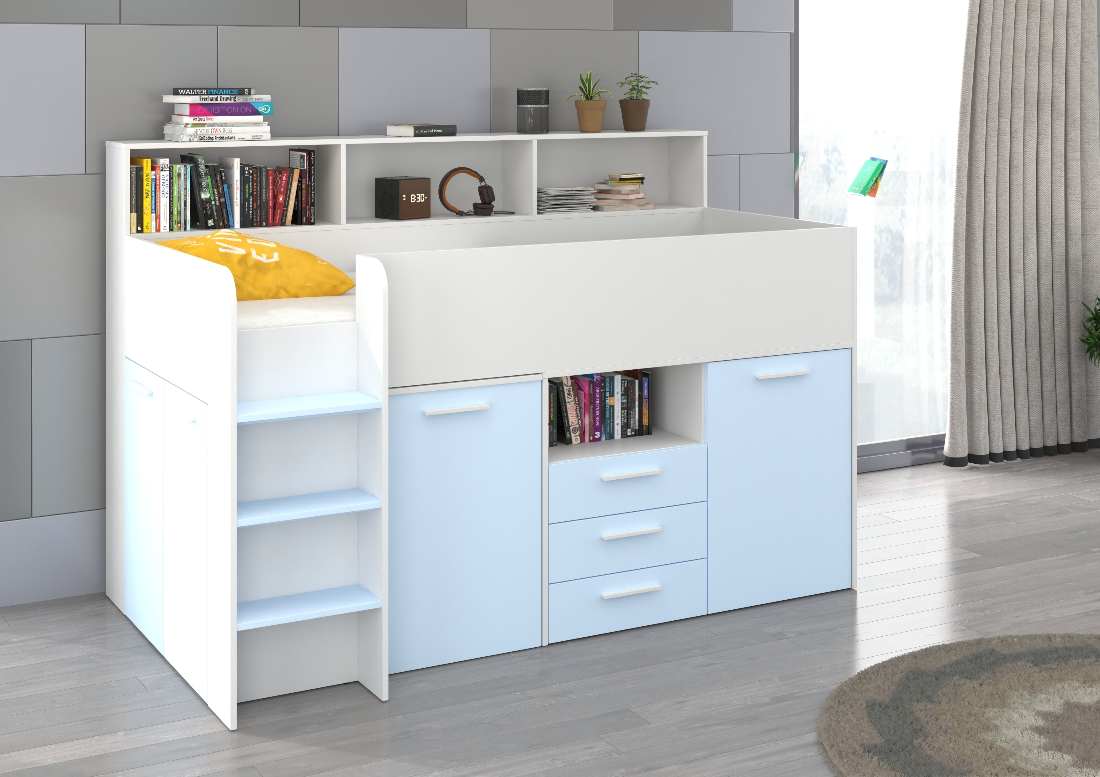 Etagenbett NE-L mit Treppe links, Ausziehbarer Schreibtisch und Doppel Schrank