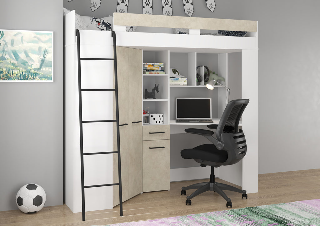 Etagenbett FLO-L mit Leiter  links, Eckkleiderschrank und Schreibtisch