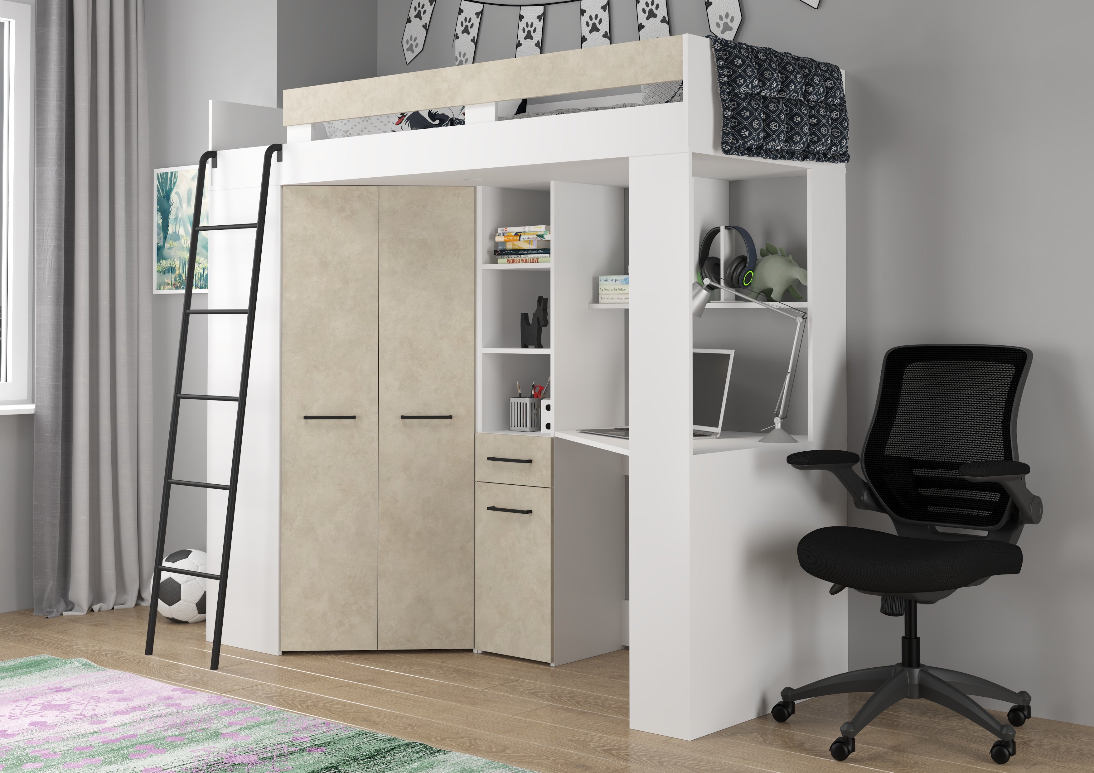 Etagenbett FLO-L mit Leiter  links, Eckkleiderschrank und Schreibtisch
