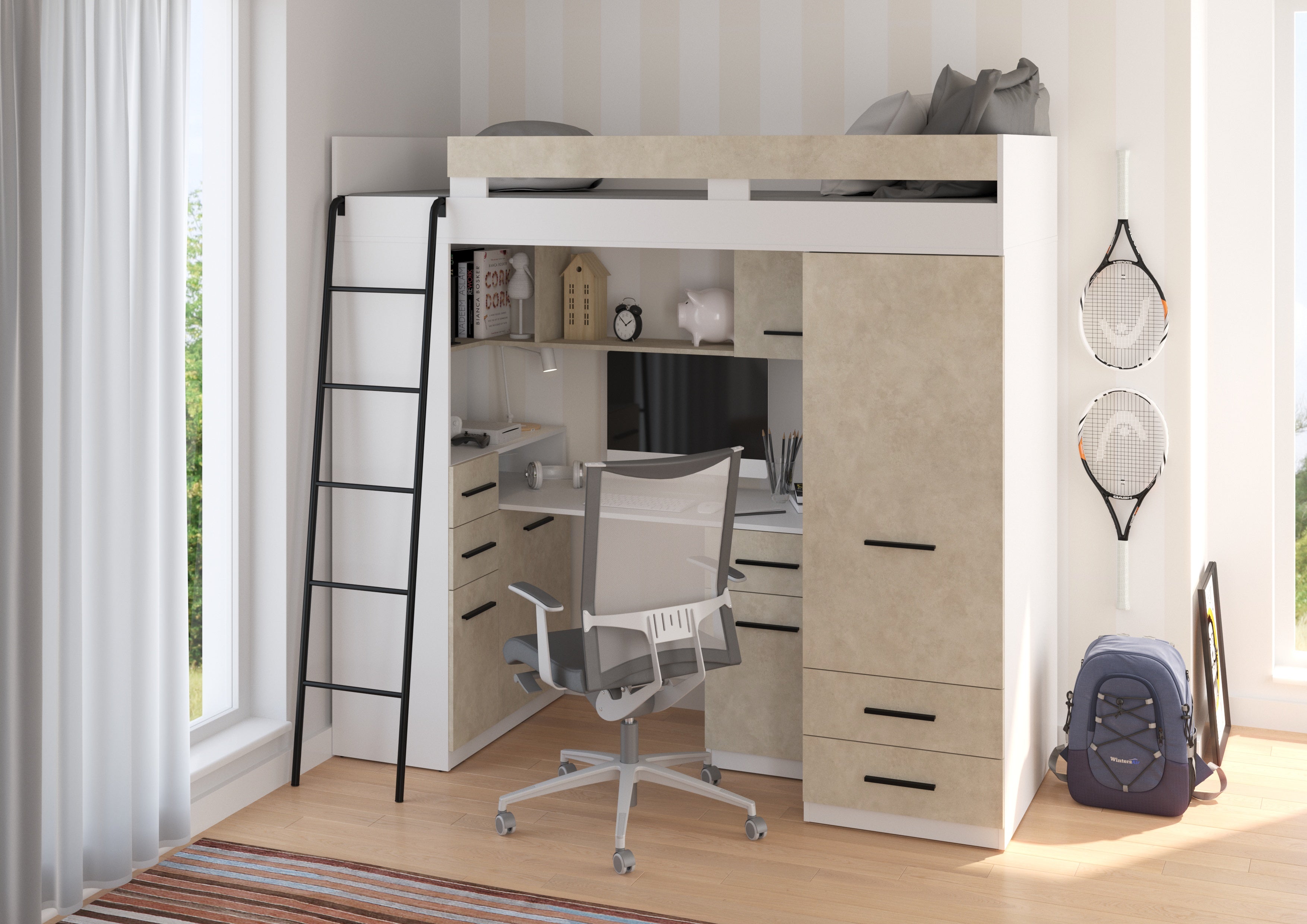Etagenbett SMY-L mit Leiter links, Kleiderschrank, Schreibtisch und viele Regale