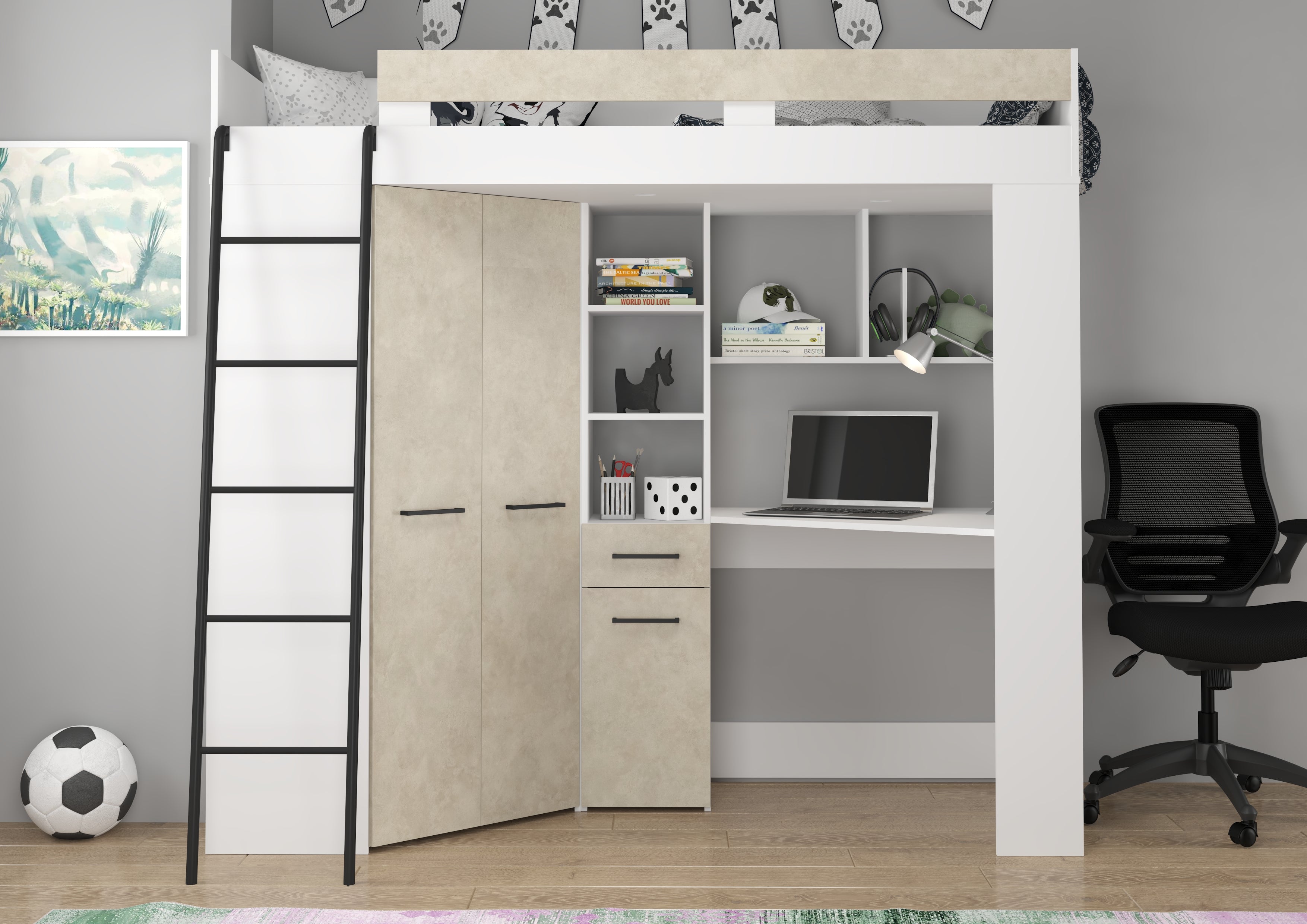 Etagenbett FLO-L mit Leiter  links, Eckkleiderschrank und Schreibtisch