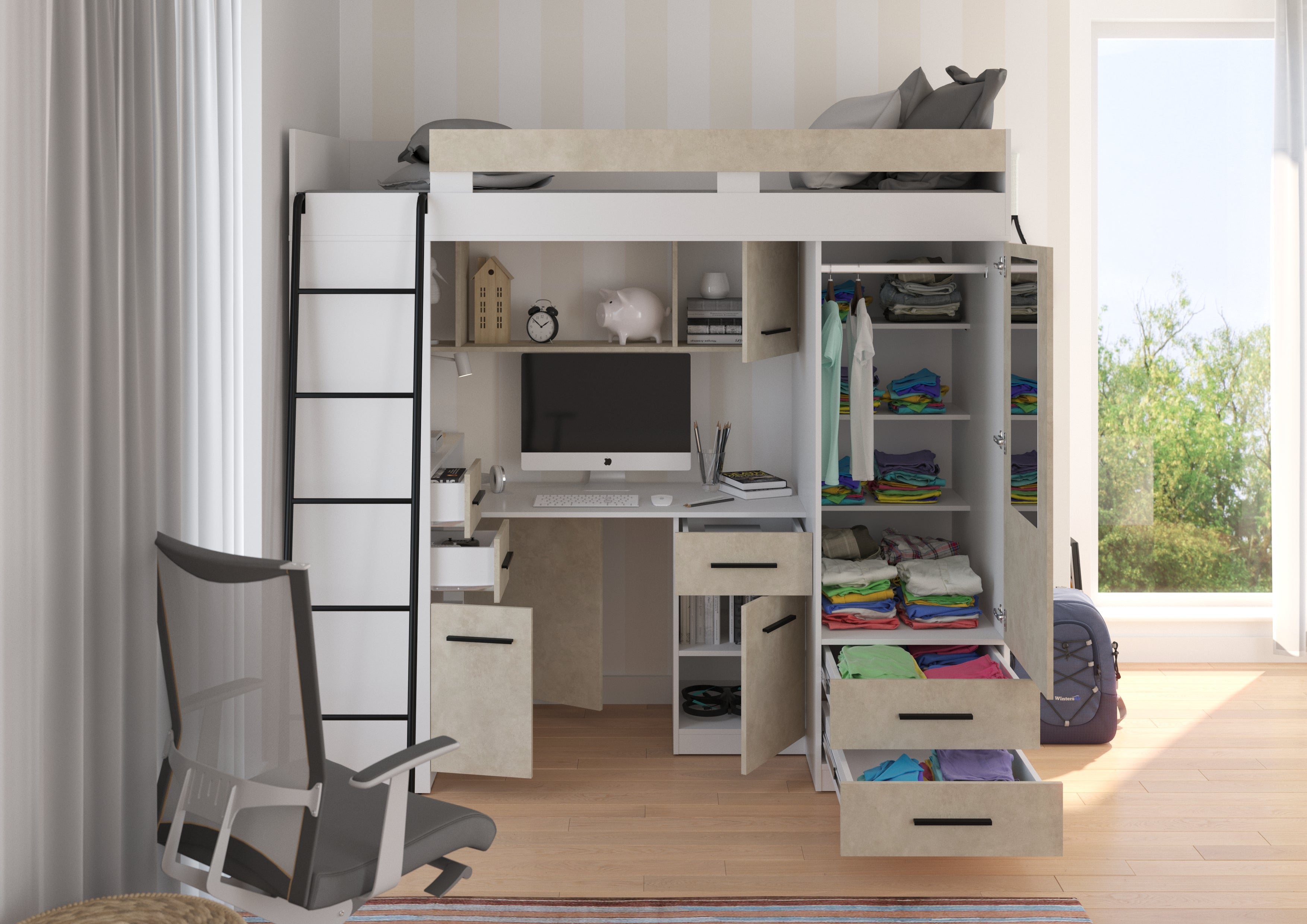 Etagenbett SMY-L mit Leiter links, Kleiderschrank, Schreibtisch und viele Regale