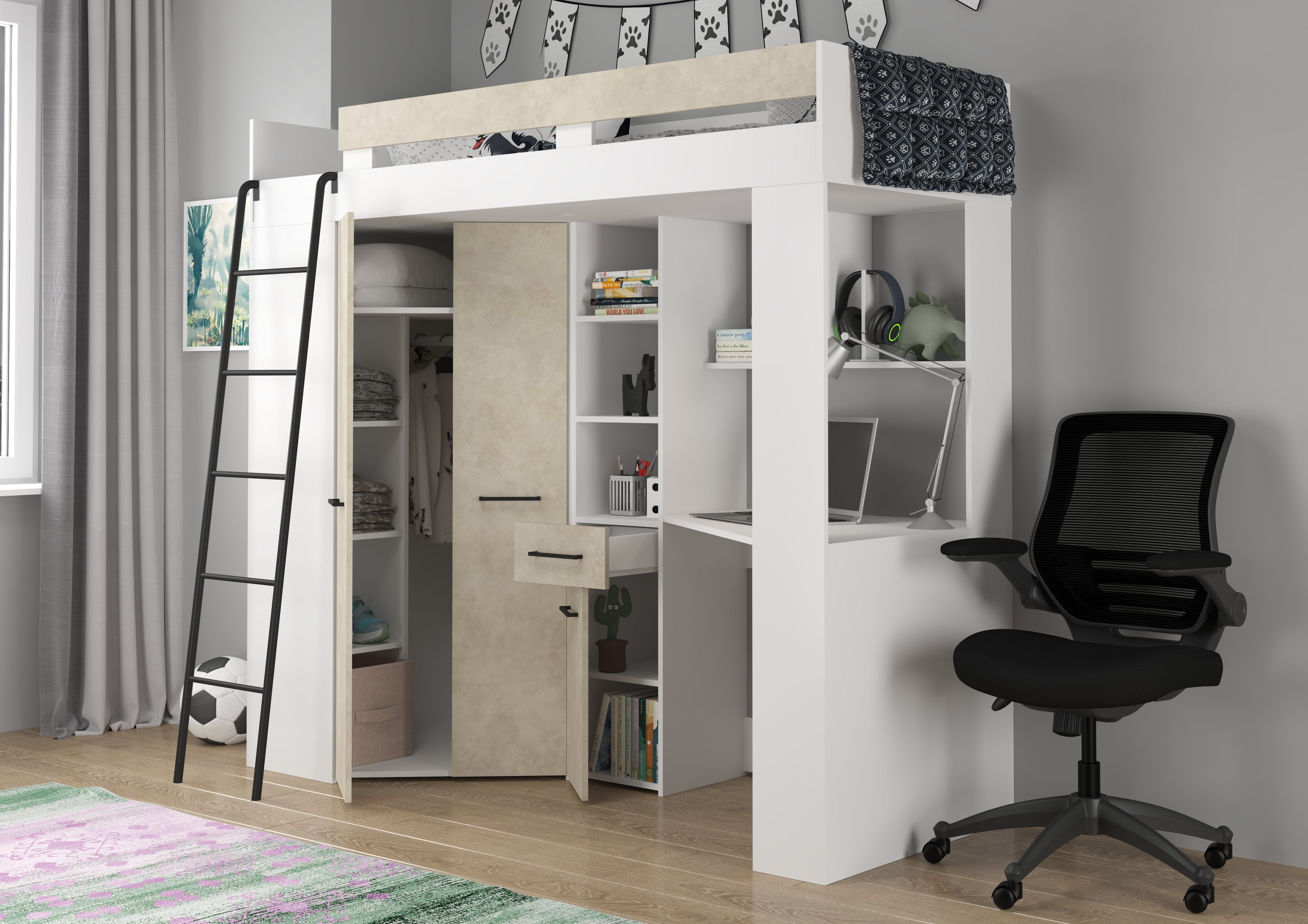 Etagenbett FLO-L mit Leiter  links, Eckkleiderschrank und Schreibtisch