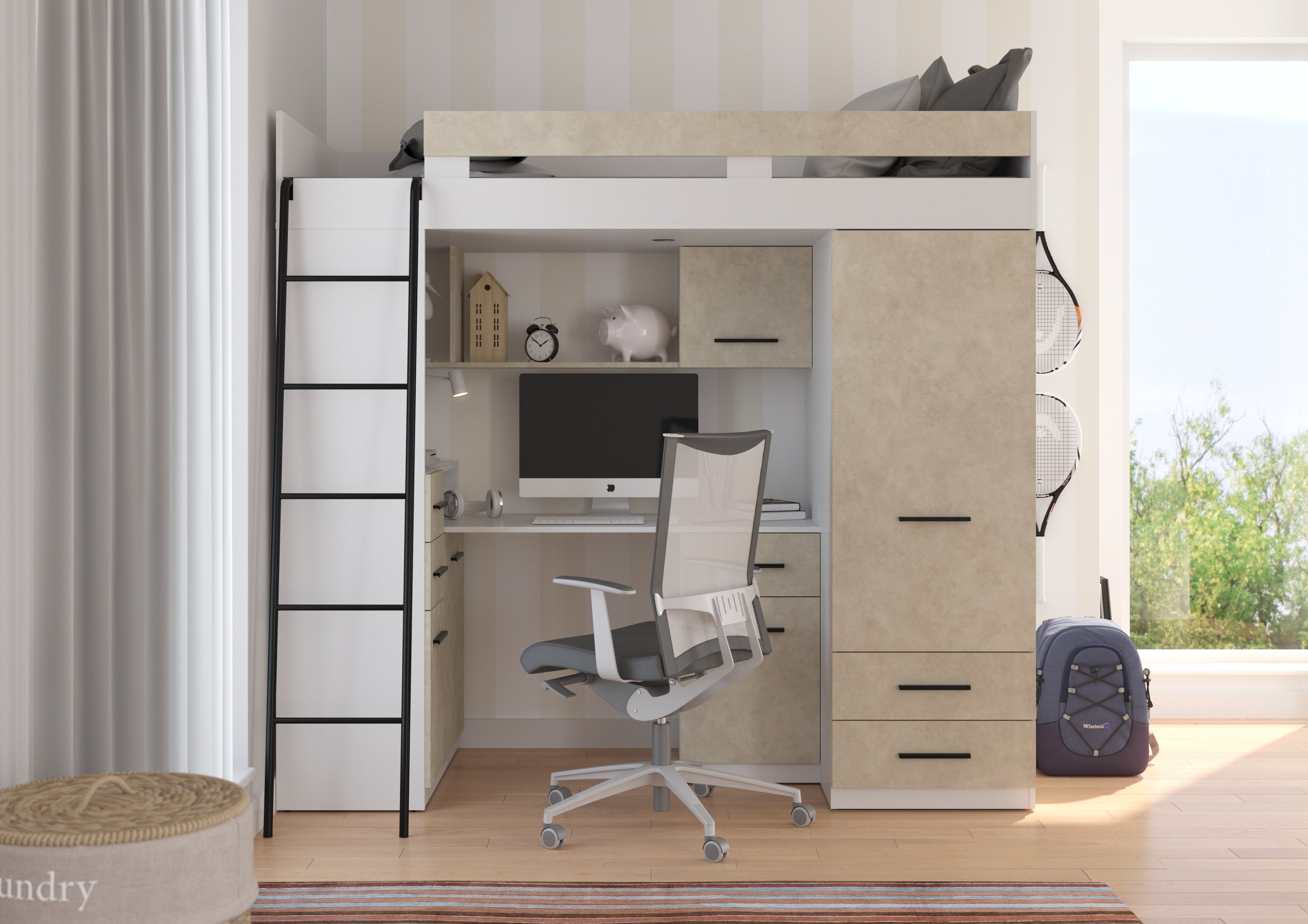 Etagenbett SMY-L mit Leiter links, Kleiderschrank, Schreibtisch und viele Regale