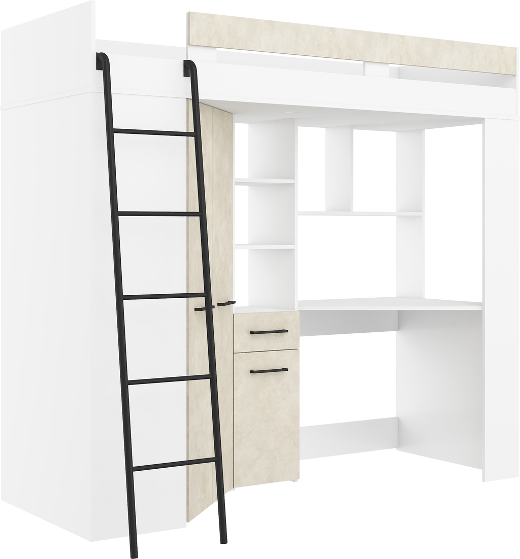 Etagenbett FLO-L mit Leiter  links, Eckkleiderschrank und Schreibtisch