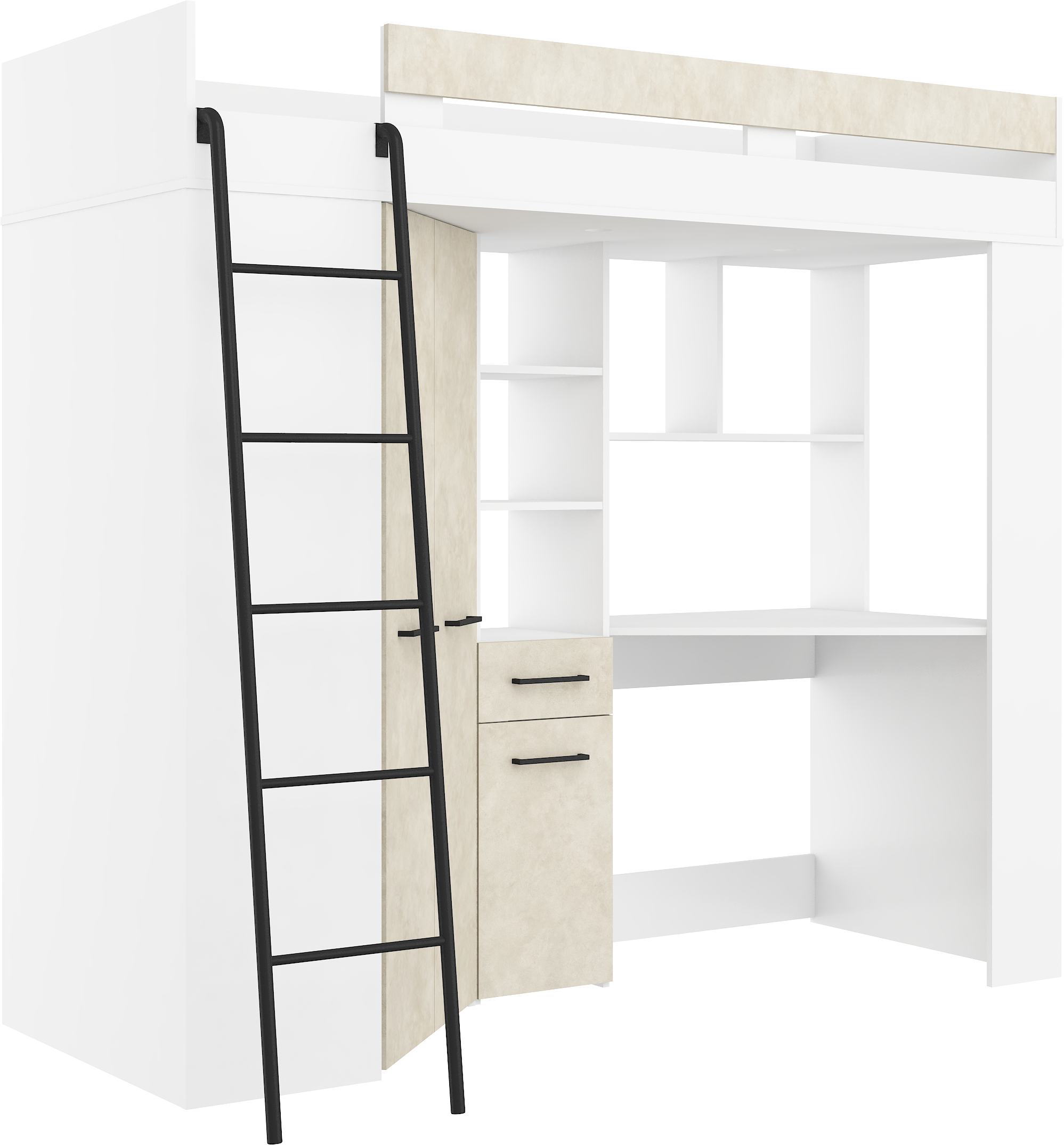 Etagenbett FLO-L mit Leiter  links, Eckkleiderschrank und Schreibtisch
