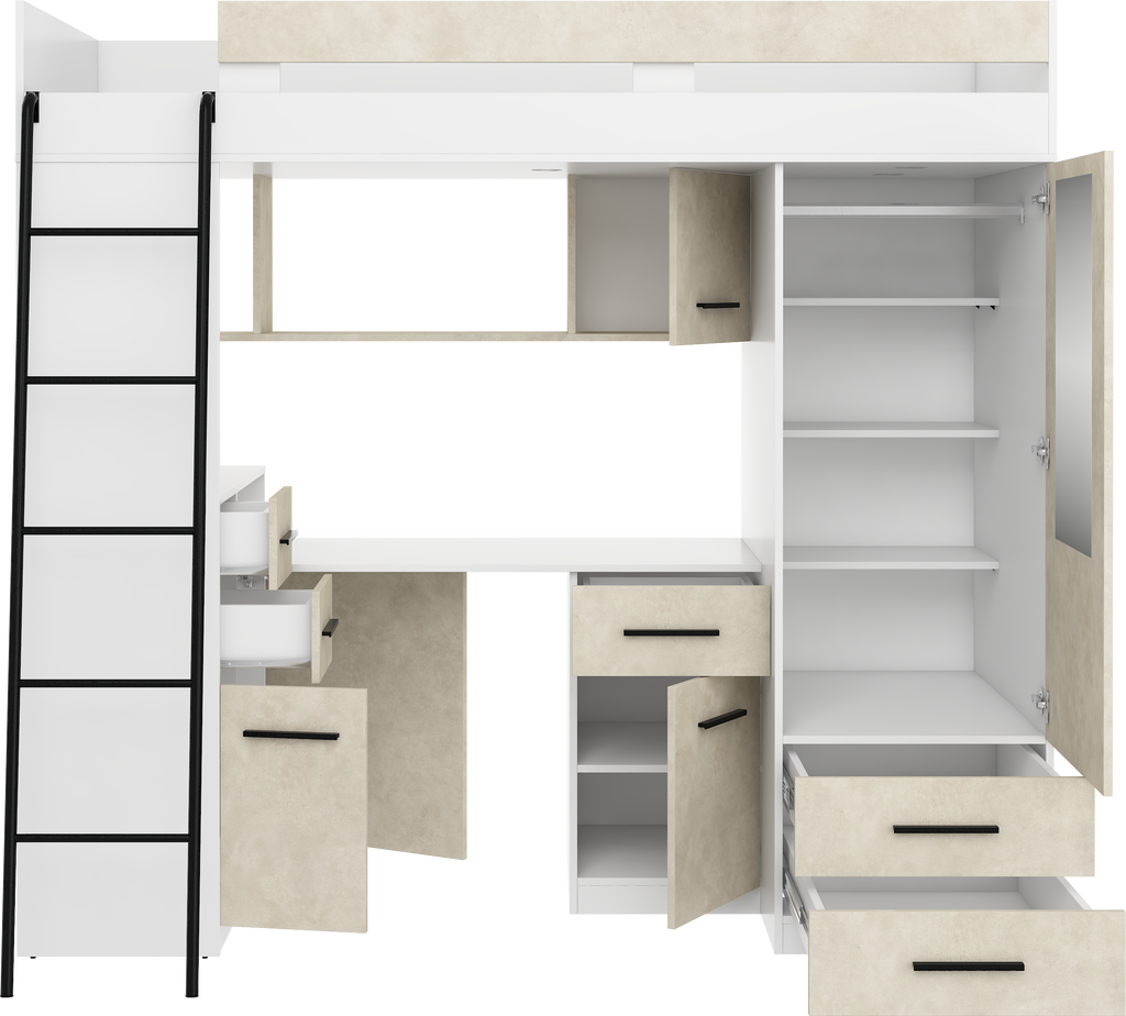 Etagenbett SMY-L mit Leiter links, Kleiderschrank, Schreibtisch und viele Regale