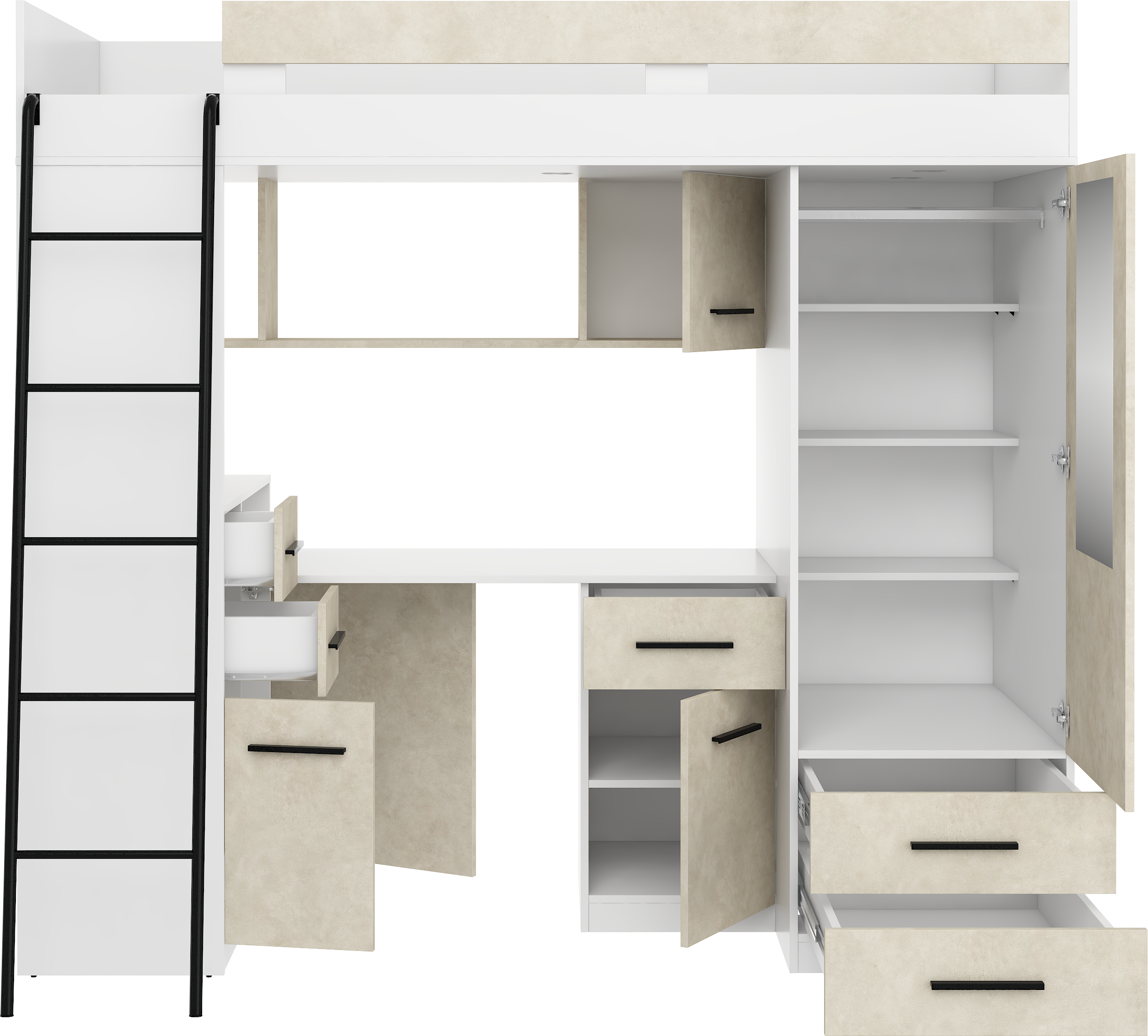 Etagenbett SMY-L mit Leiter links, Kleiderschrank, Schreibtisch und viele Regale