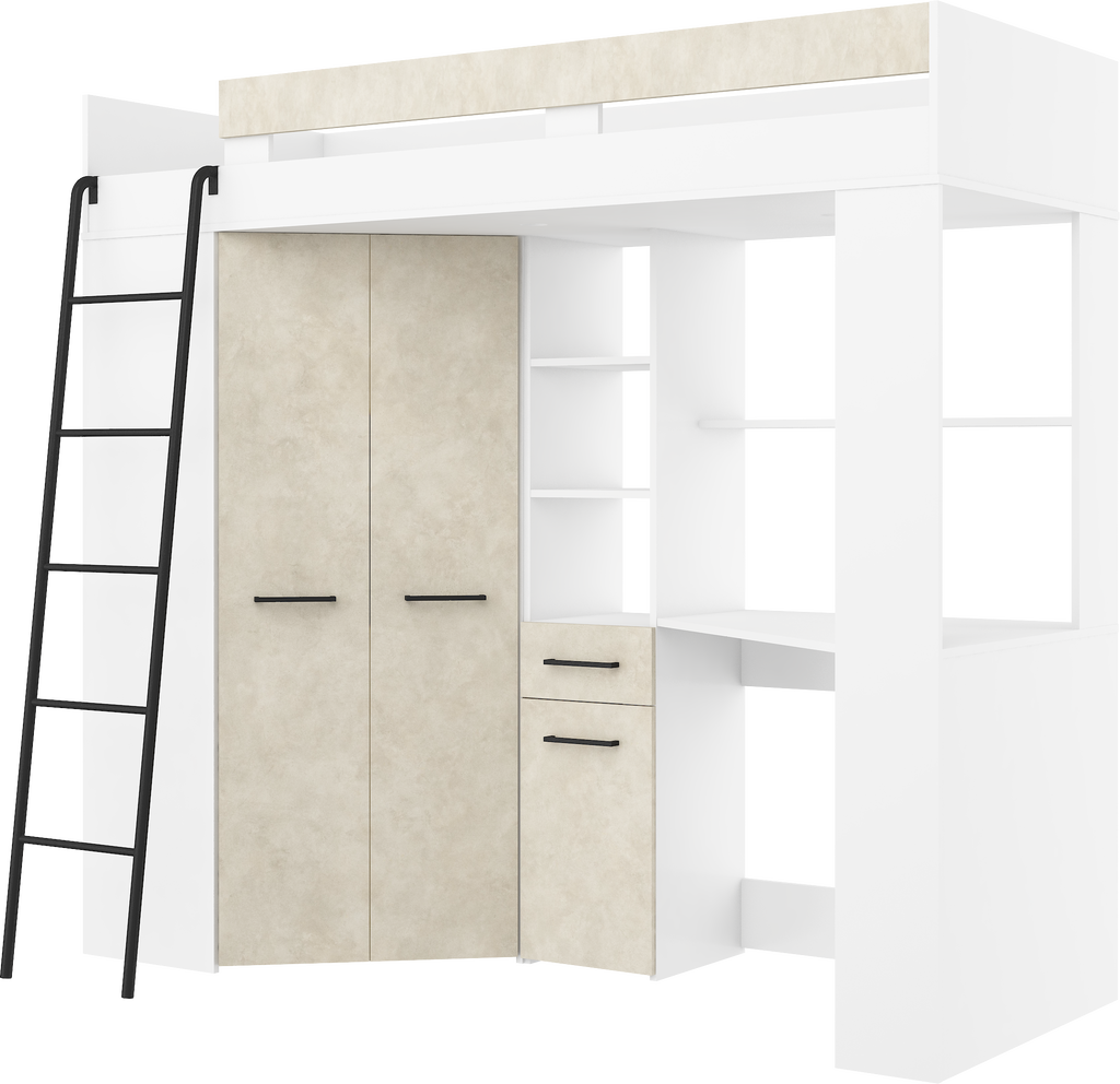 Etagenbett FLO-L mit Leiter  links, Eckkleiderschrank und Schreibtisch