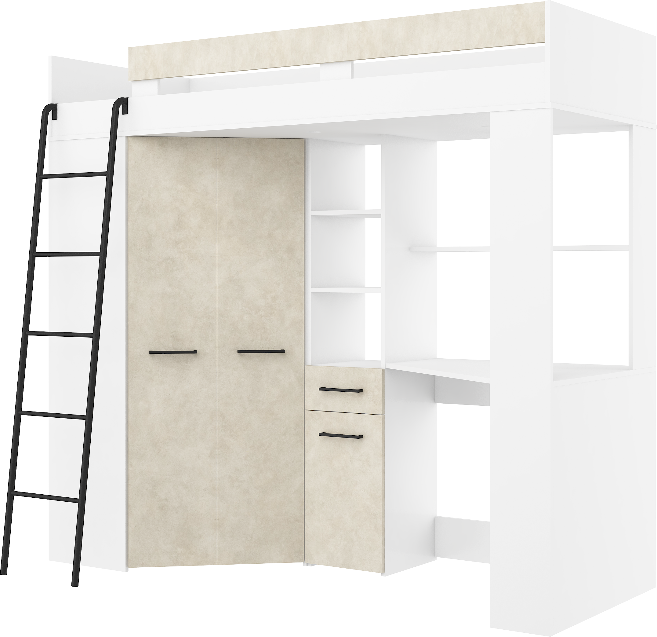 Etagenbett FLO-L mit Leiter  links, Eckkleiderschrank und Schreibtisch