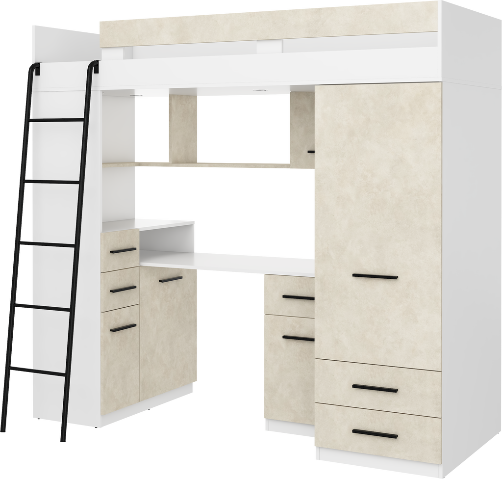 Etagenbett SMY-L mit Leiter links, Kleiderschrank, Schreibtisch und viele Regale