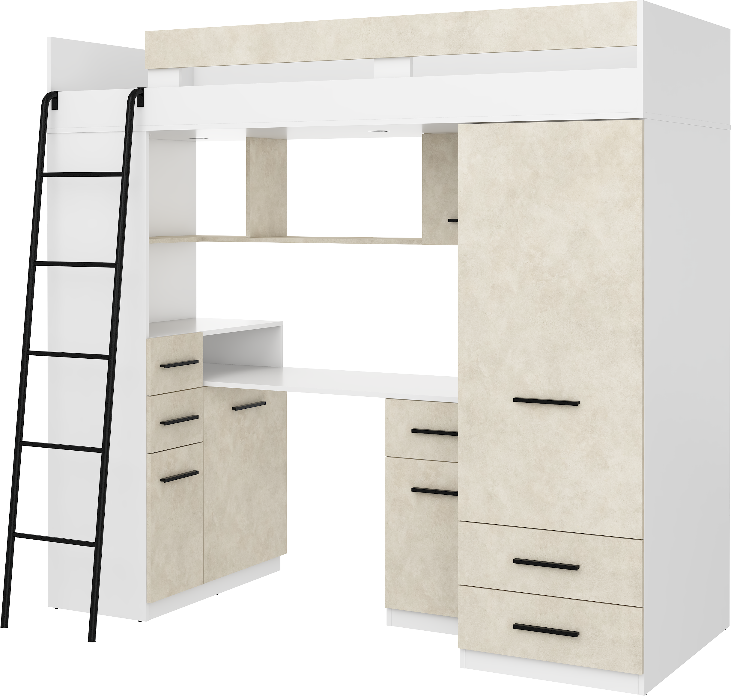 Etagenbett SMY-L mit Leiter links, Kleiderschrank, Schreibtisch und viele Regale