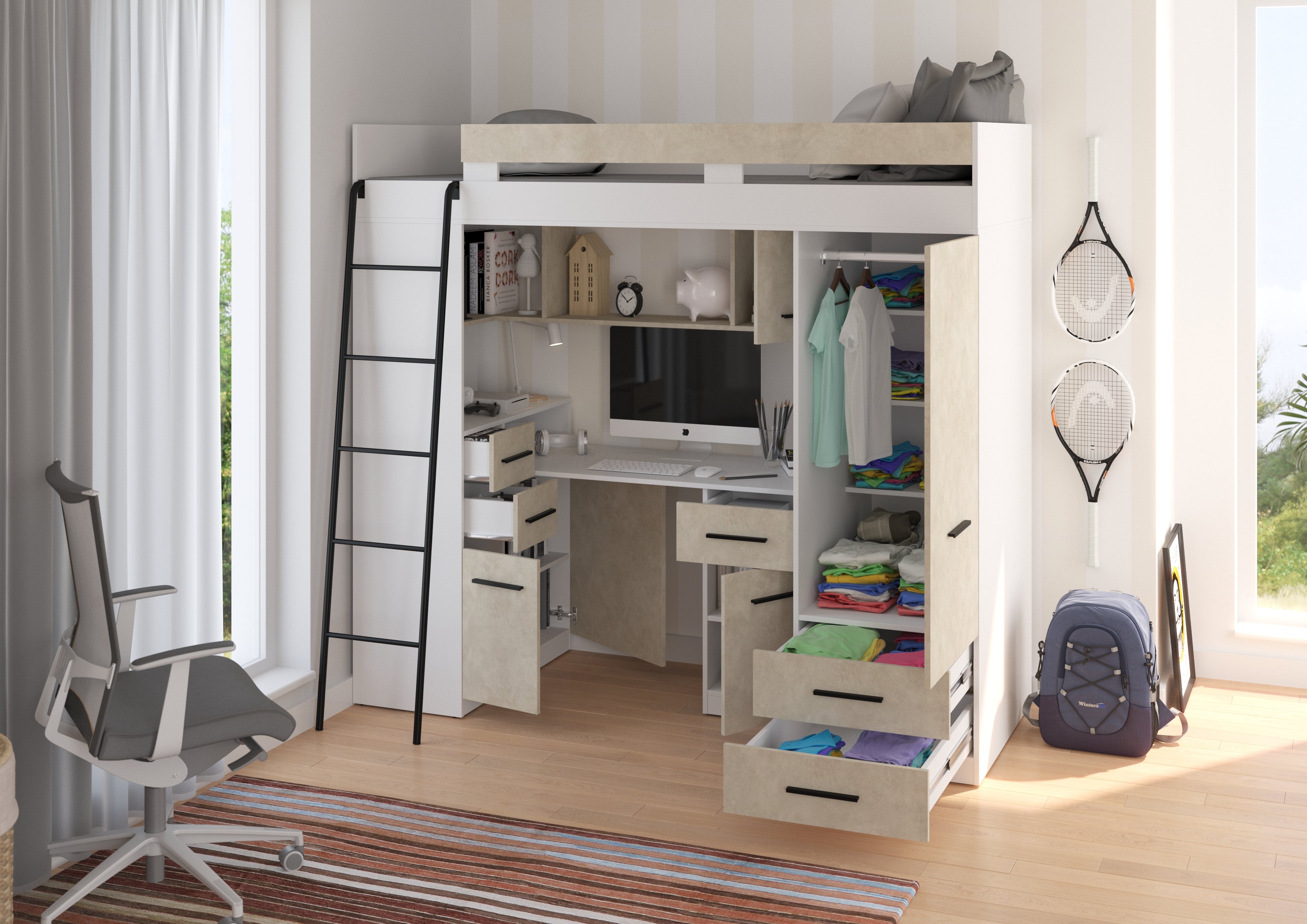 Etagenbett SMY-L mit Leiter links, Kleiderschrank, Schreibtisch und viele Regale
